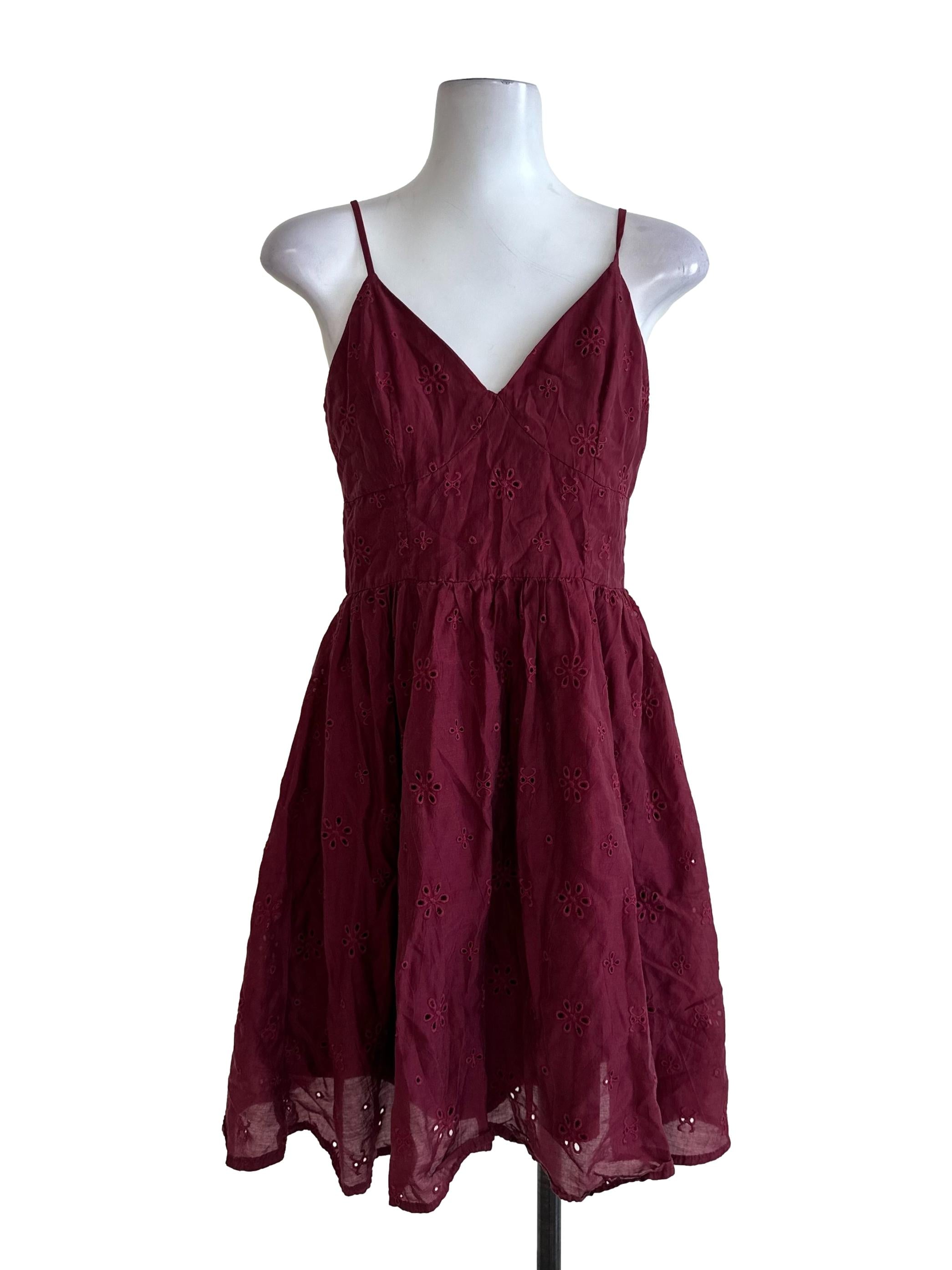 Maroon Red V Neck Eyelet Embroidery Dress