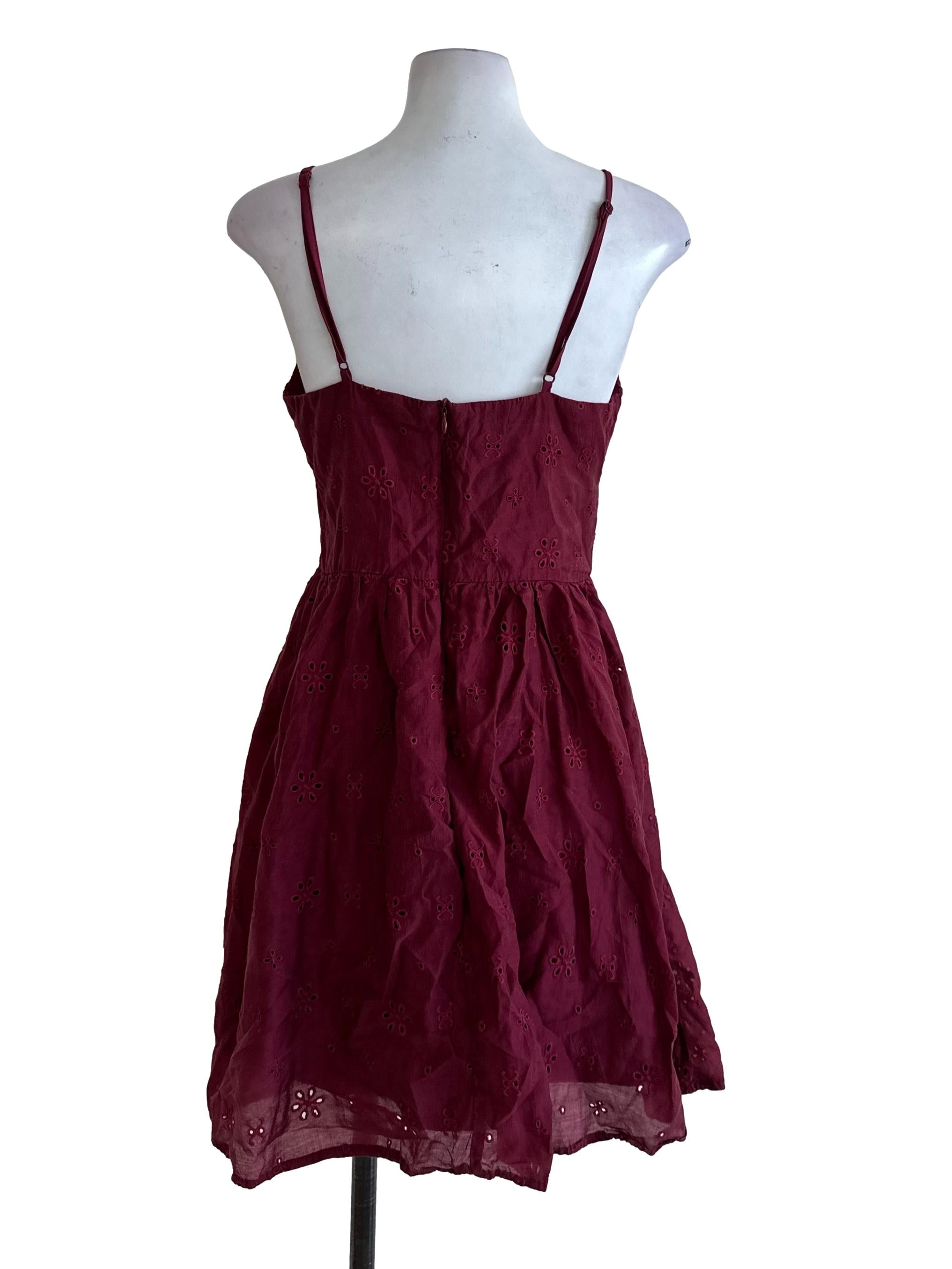 Maroon Red V Neck Eyelet Embroidery Dress