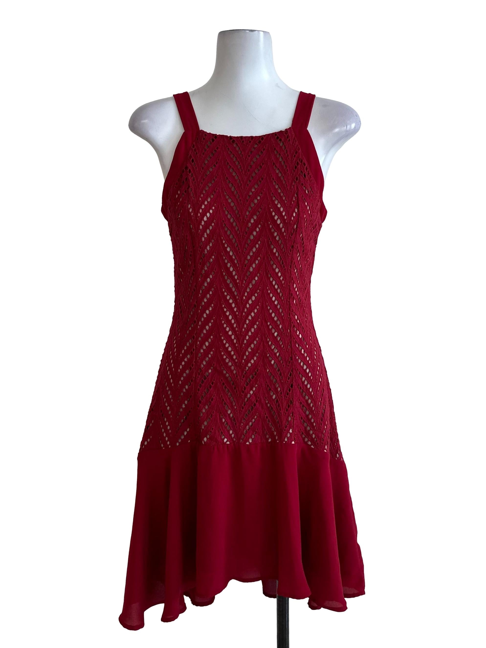 Ruby Red Lace Textured Square Neck Dress