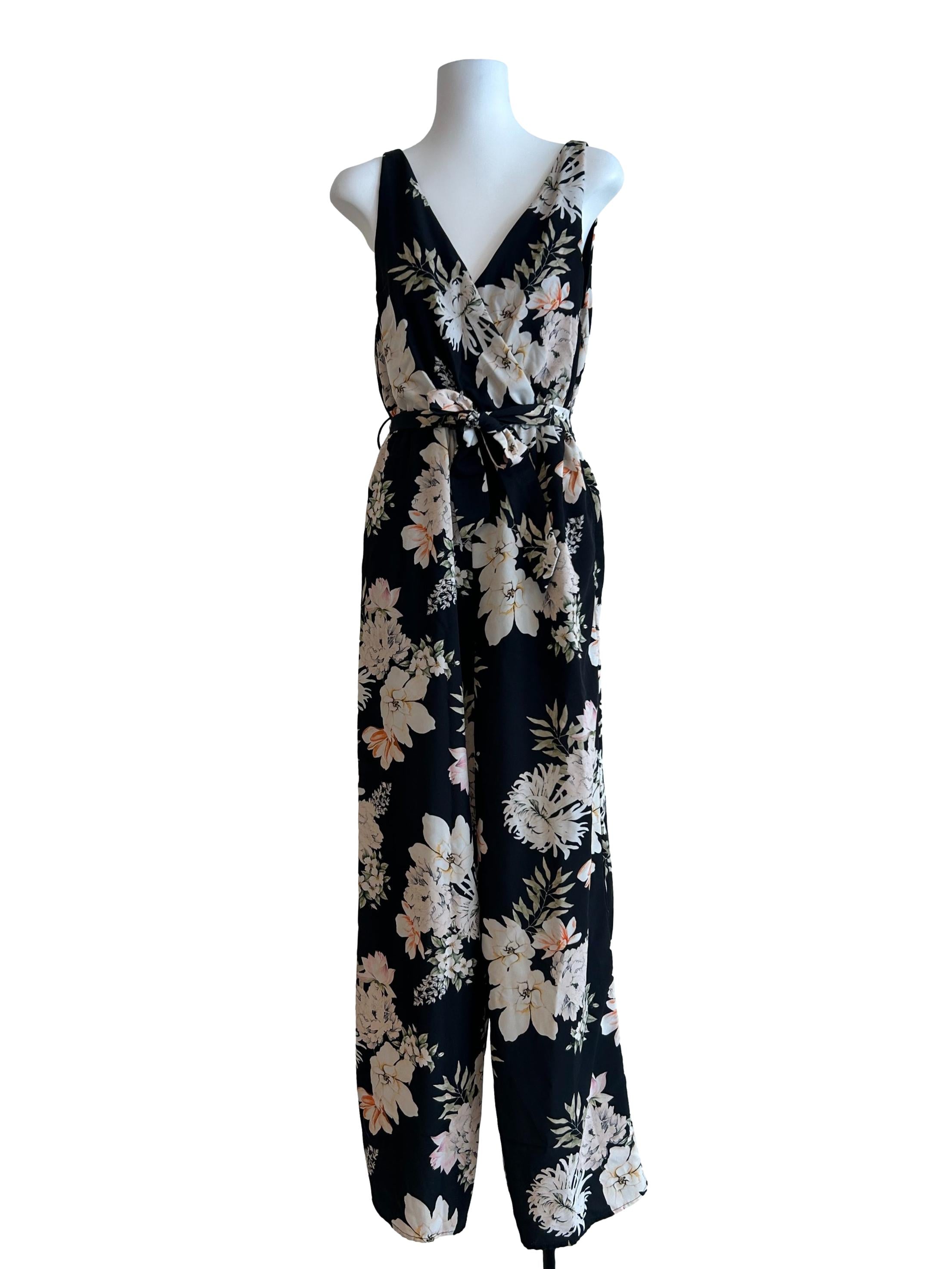 Soft Black Floral V-Neckline Jumpsuits