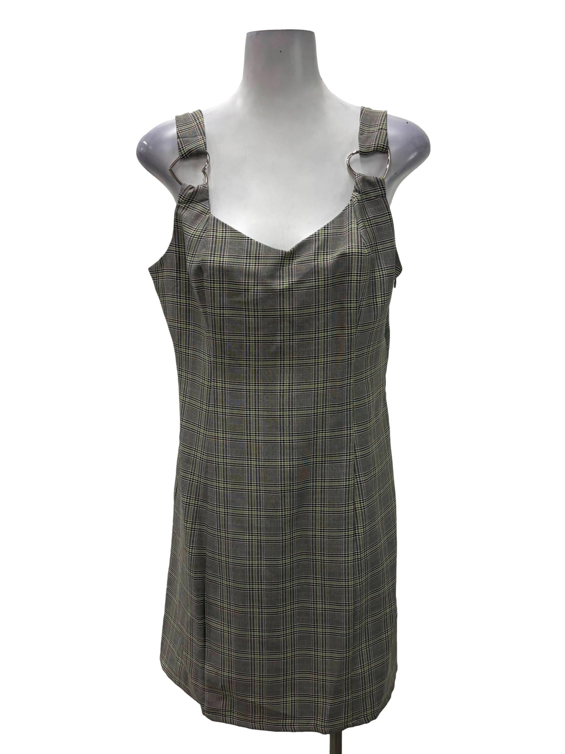 Green And Black Checkered Heart Buckled Mini Dress