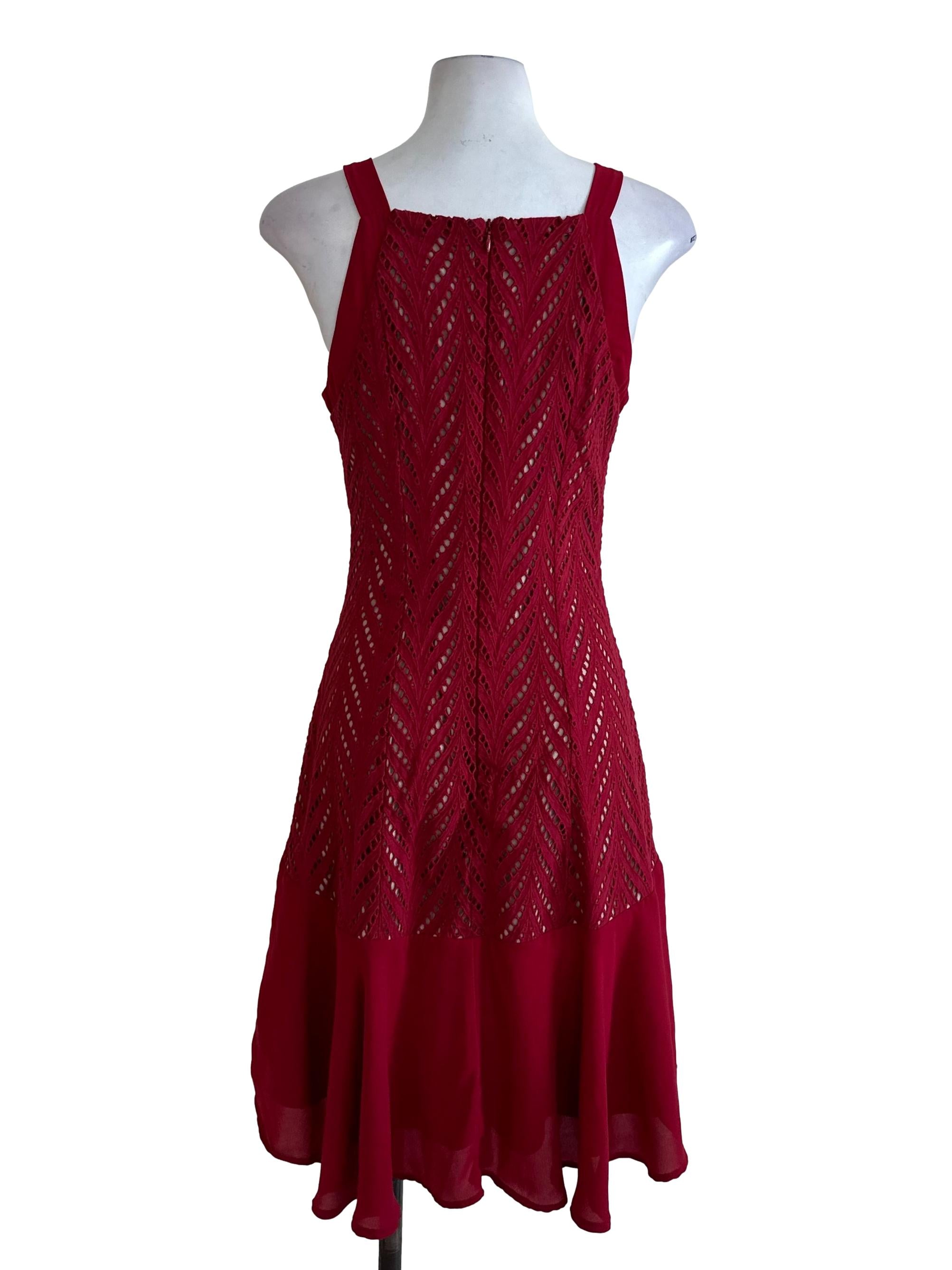 Ruby Red Lace Textured Square Neck Dress