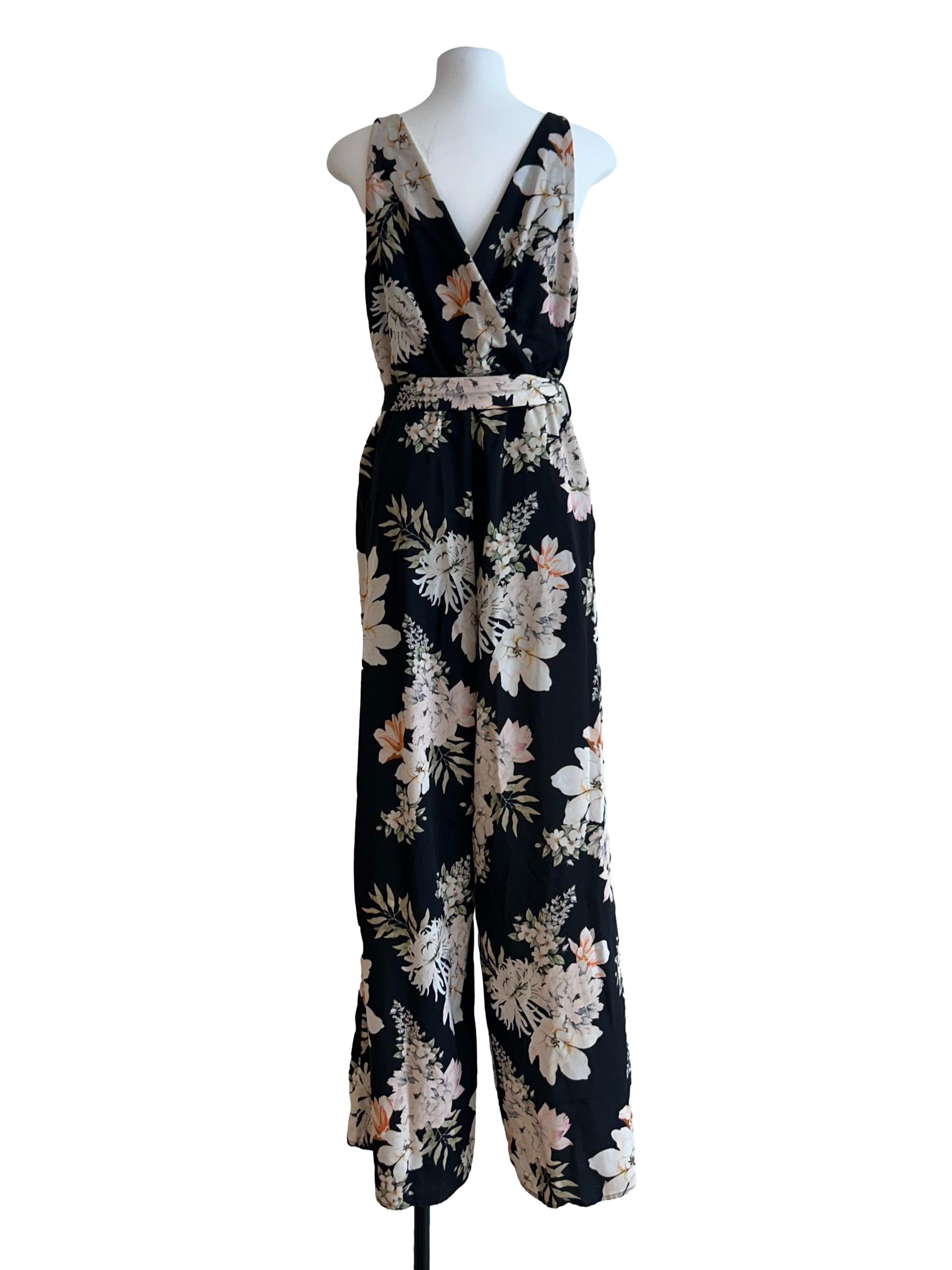 Soft Black Floral V-Neckline Jumpsuits