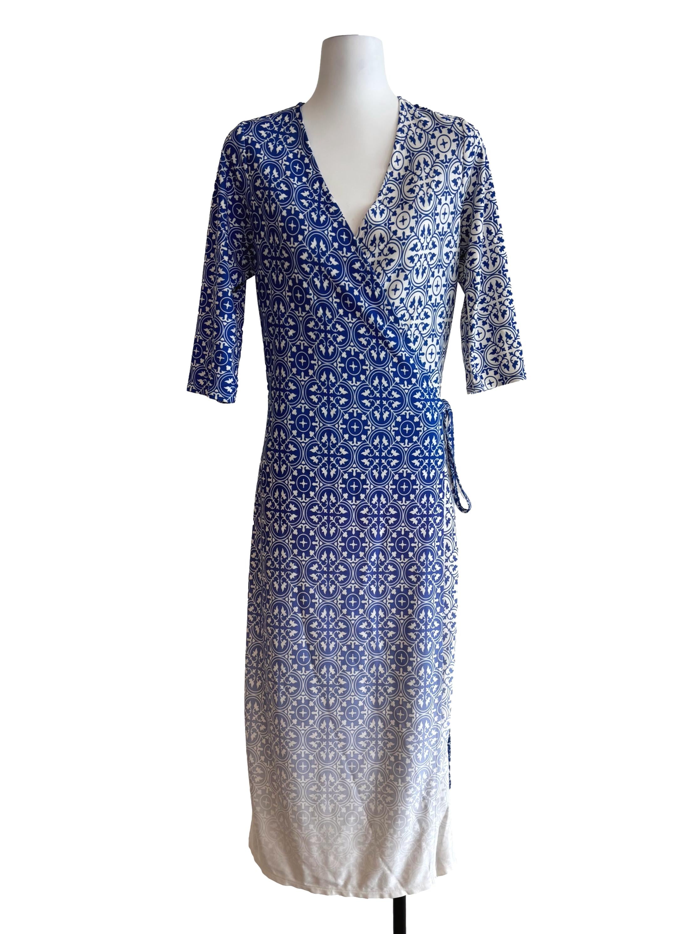 Gradient Blue Printed Wrap Dress
