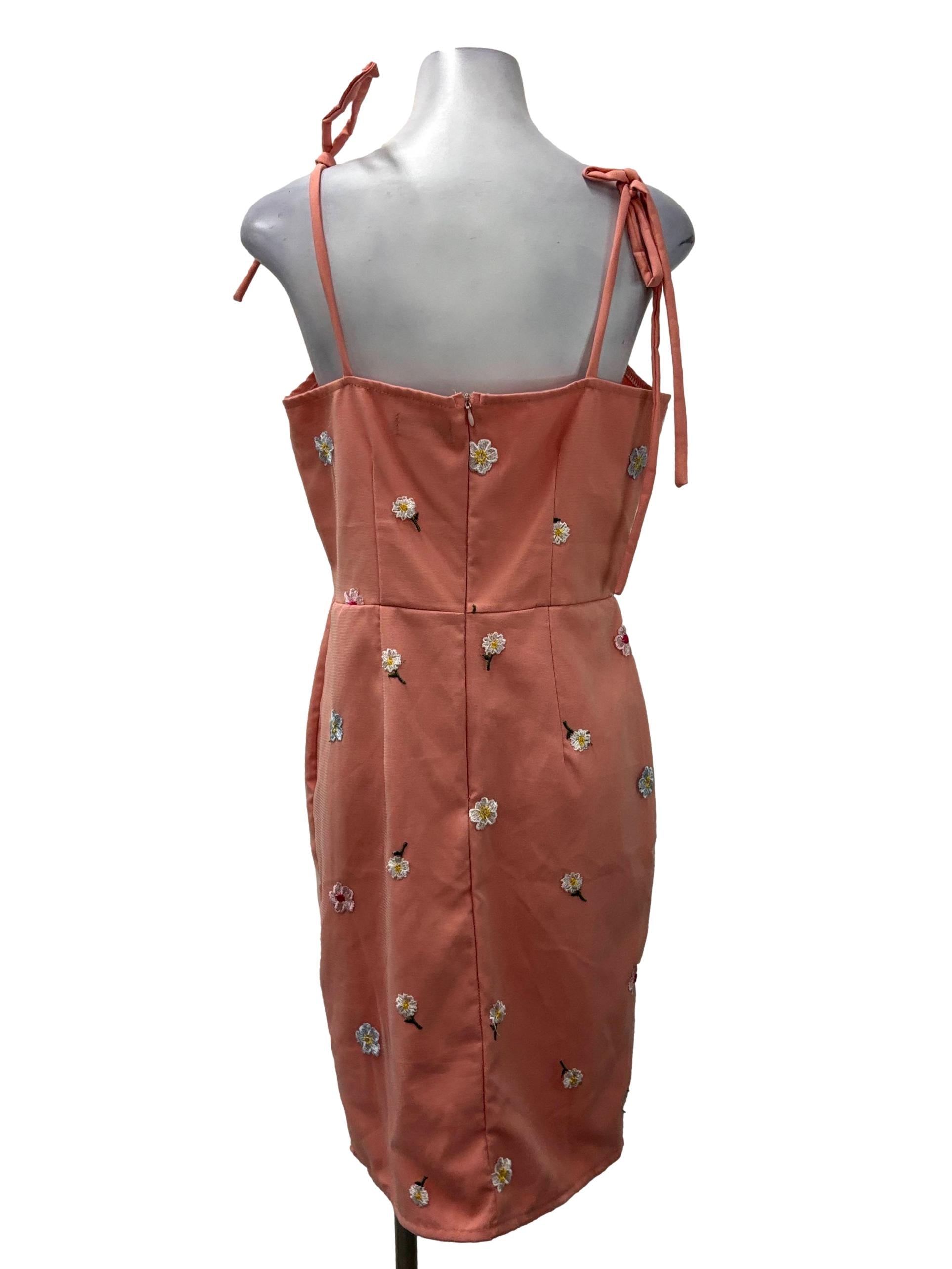 Peach Pink V-Neck Daisy Patterned Mini Dress