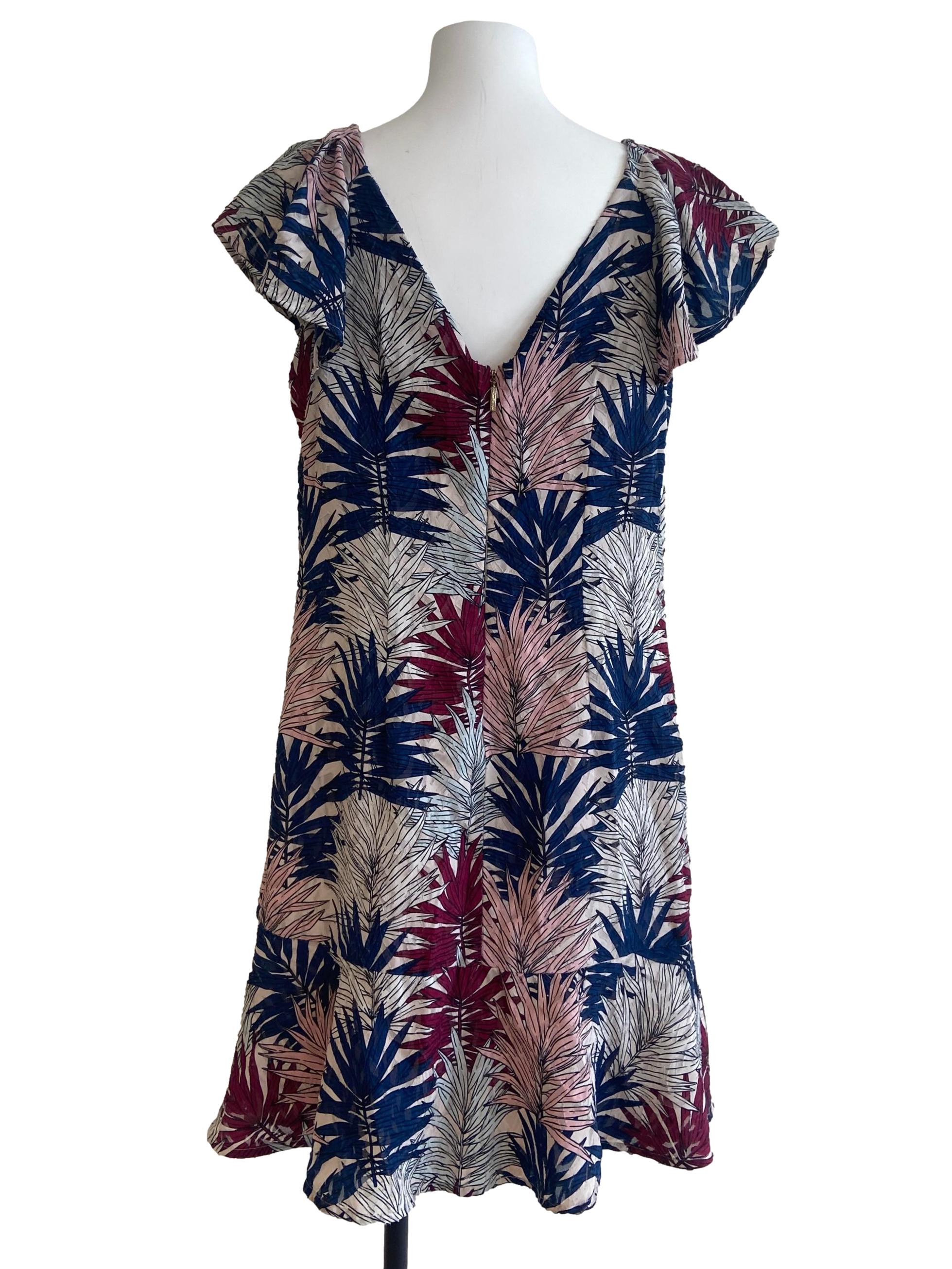 White & Colorful Floral Jewel Neck Drop Waist Dress