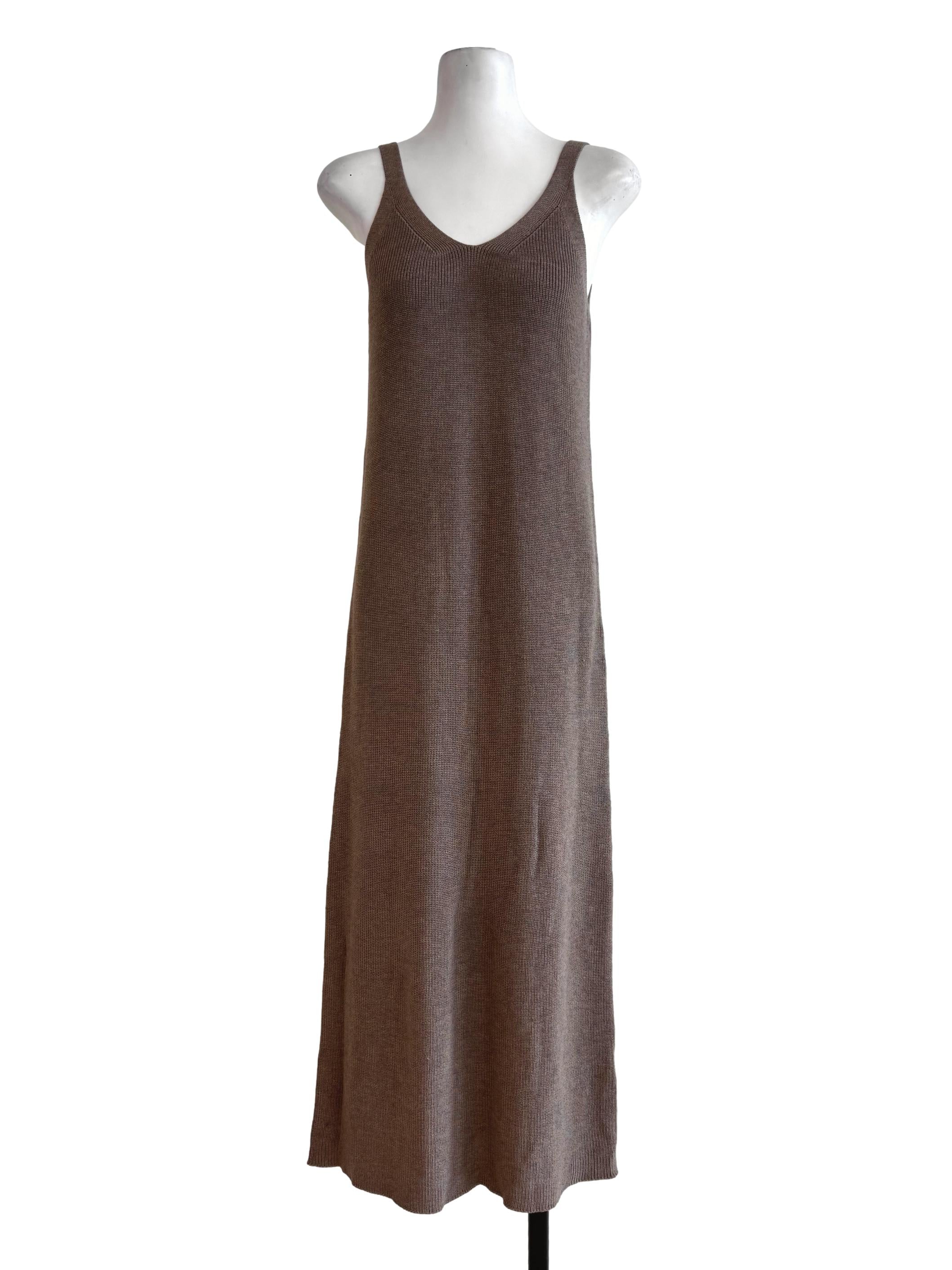 Oak Brown Knitted V Neck Dress