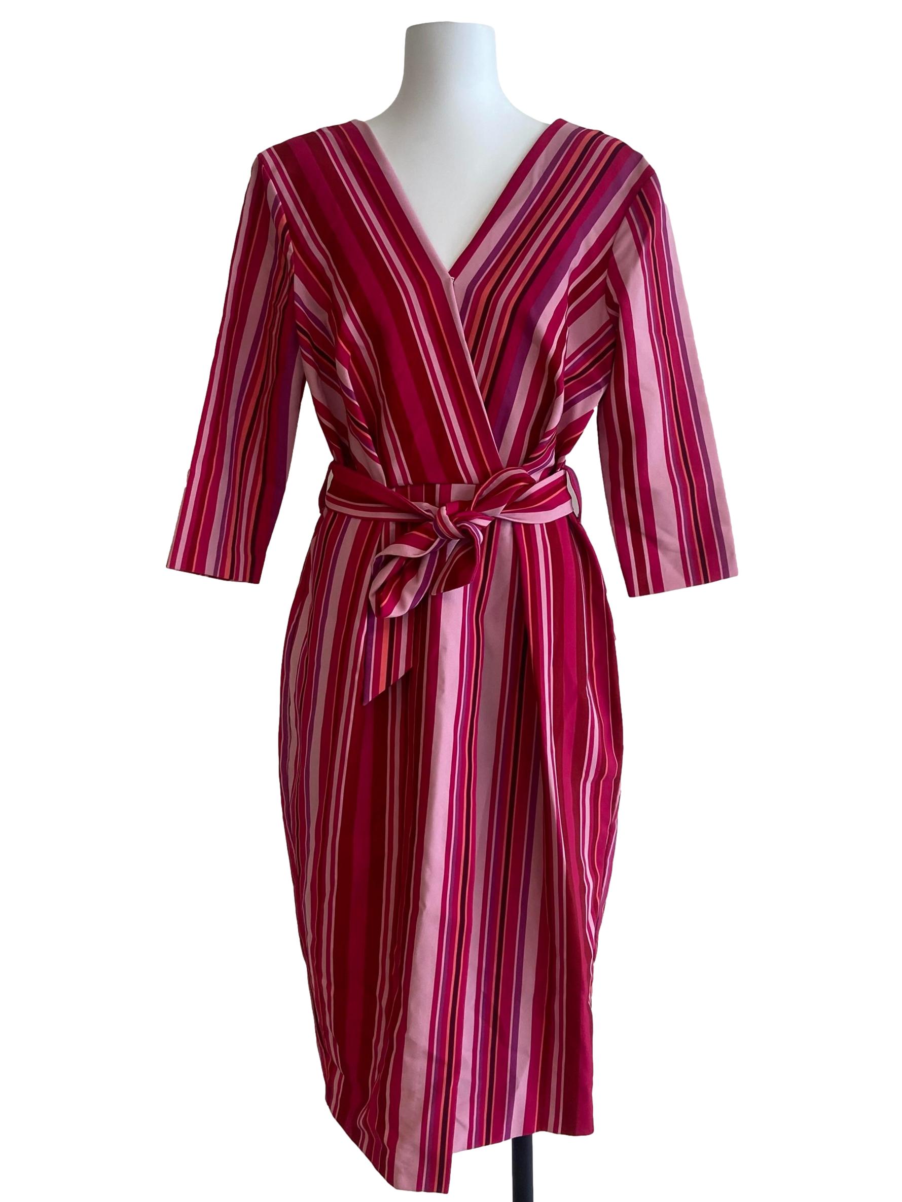 Pink Stripe V Neck Asymmetric Dress