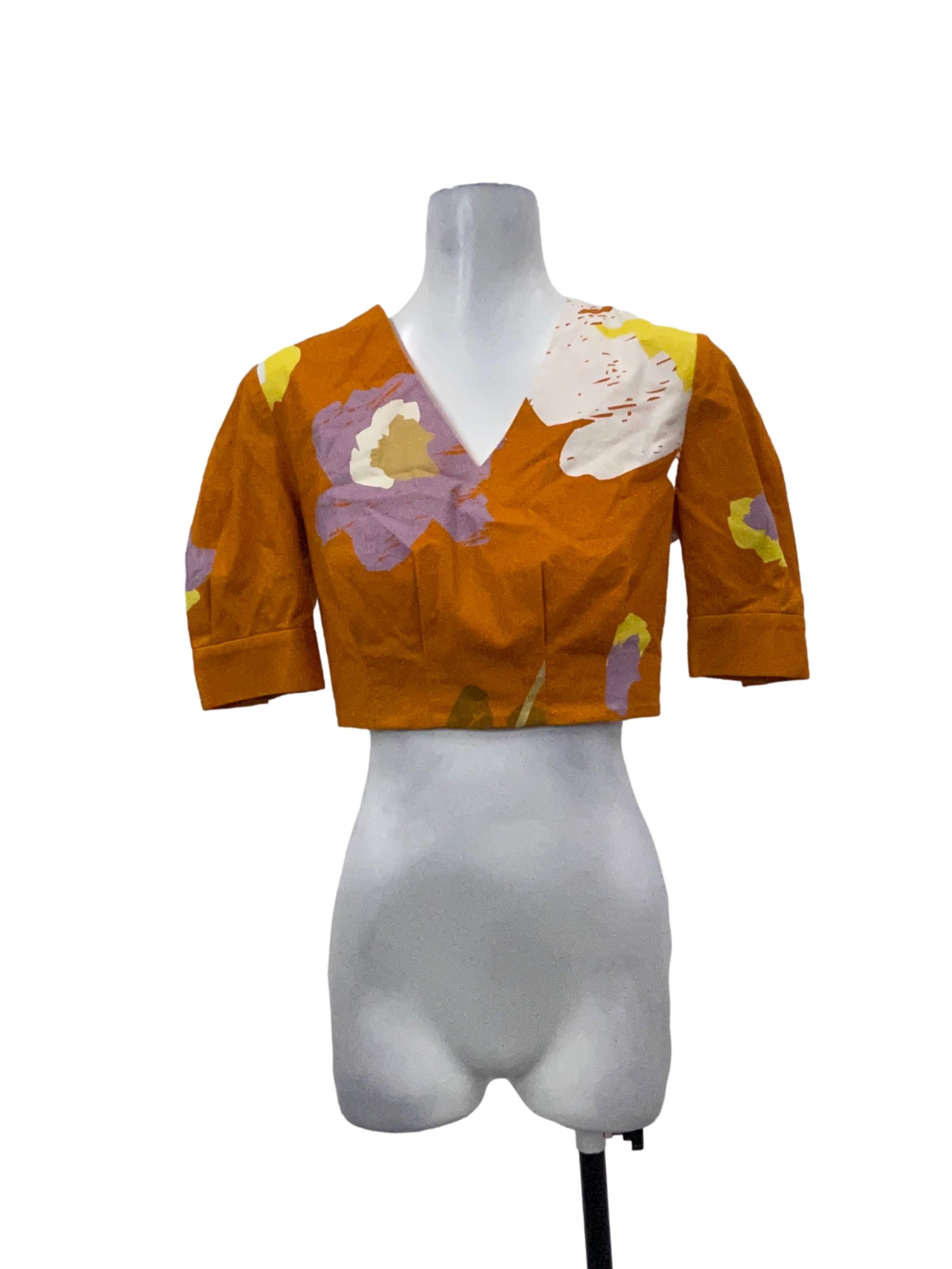 Abstract Orange Floral V-Neck Top OSN