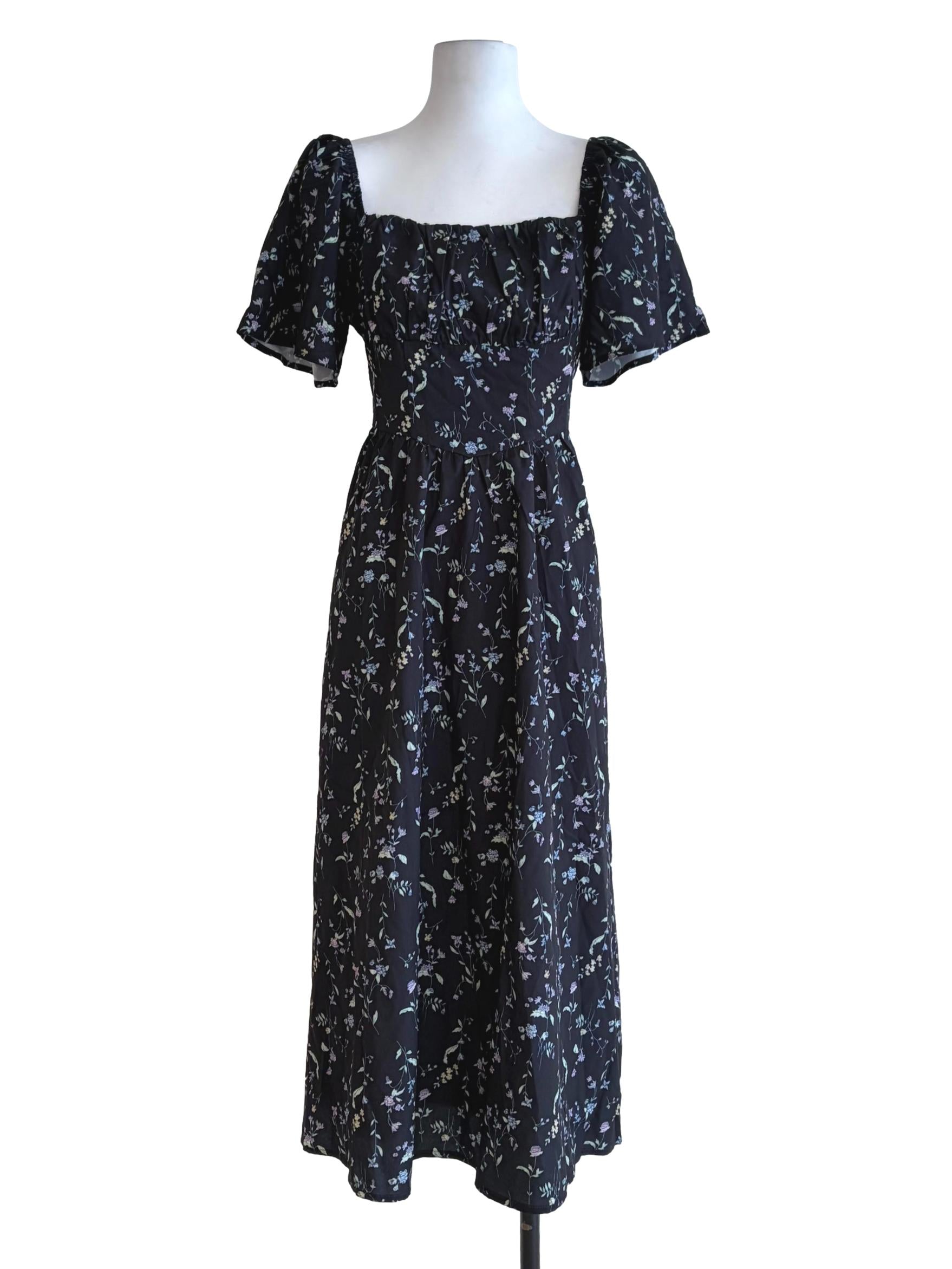 Midnight Blue Puff Sleeve A-Line Flower Printed Sun Dress