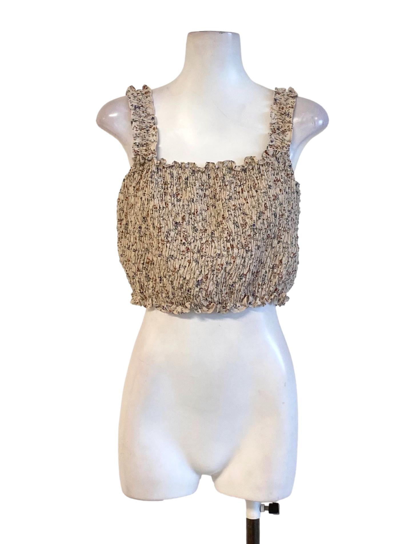 Tortilla Brown Floral Printed Ruffle Waisted Cropped Top