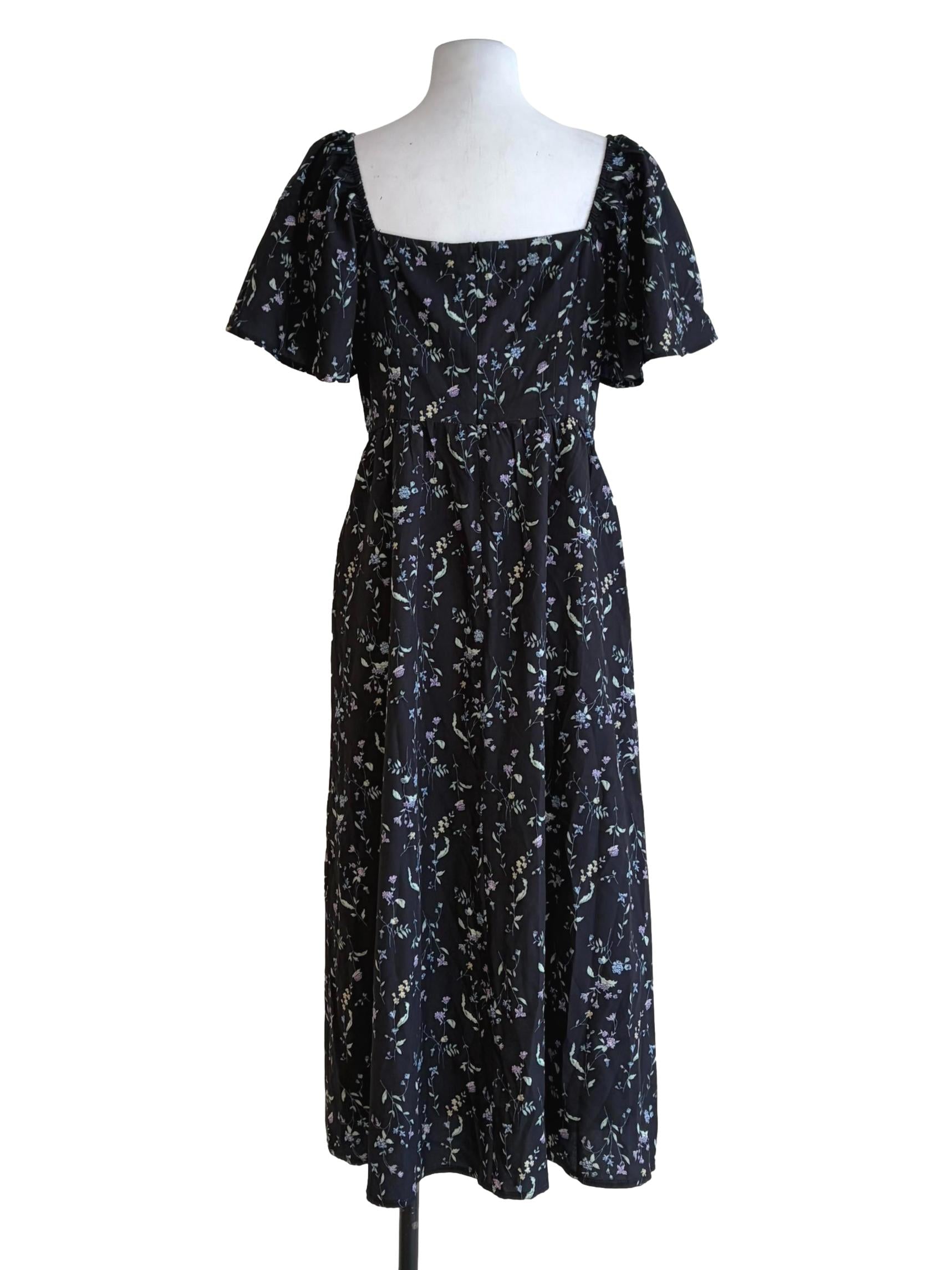 Midnight Blue Puff Sleeve A-Line Flower Printed Sun Dress