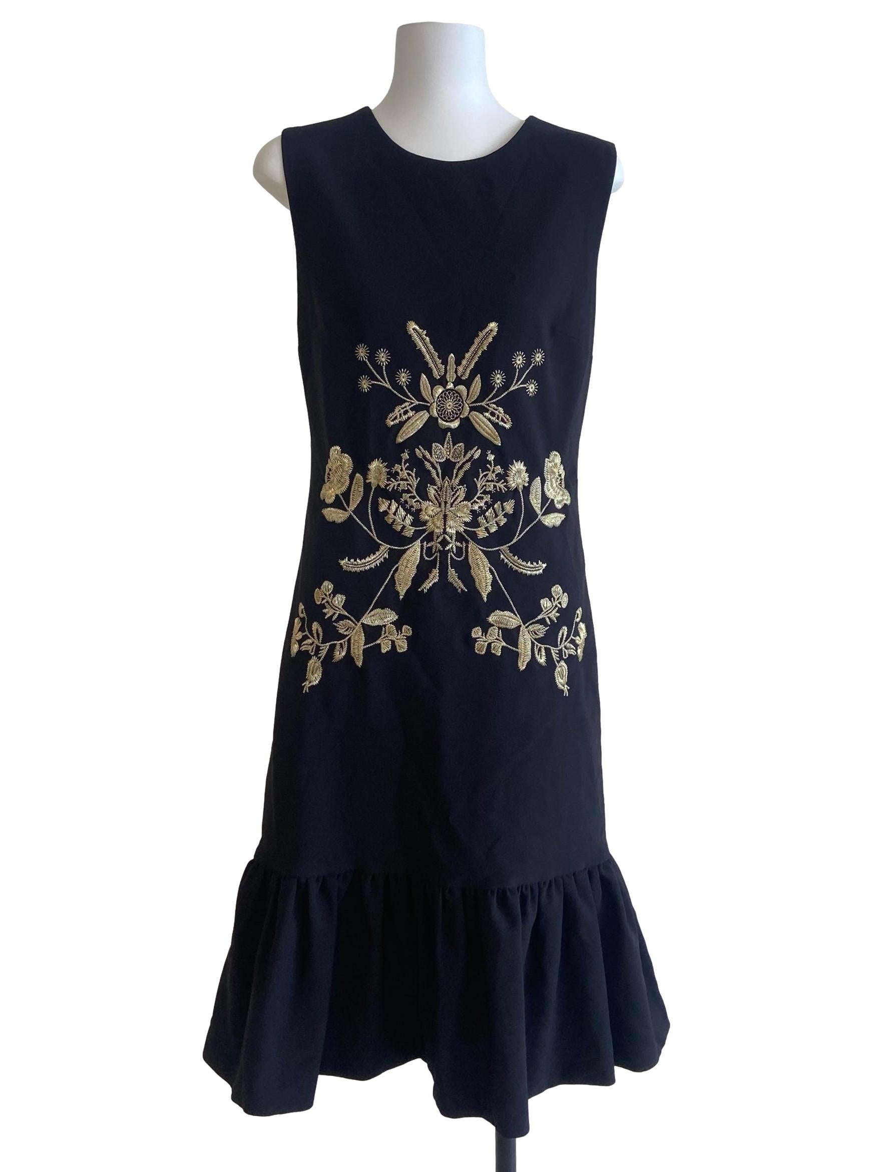Black Sleeveless Floral Embroidery Drop Waist Dress