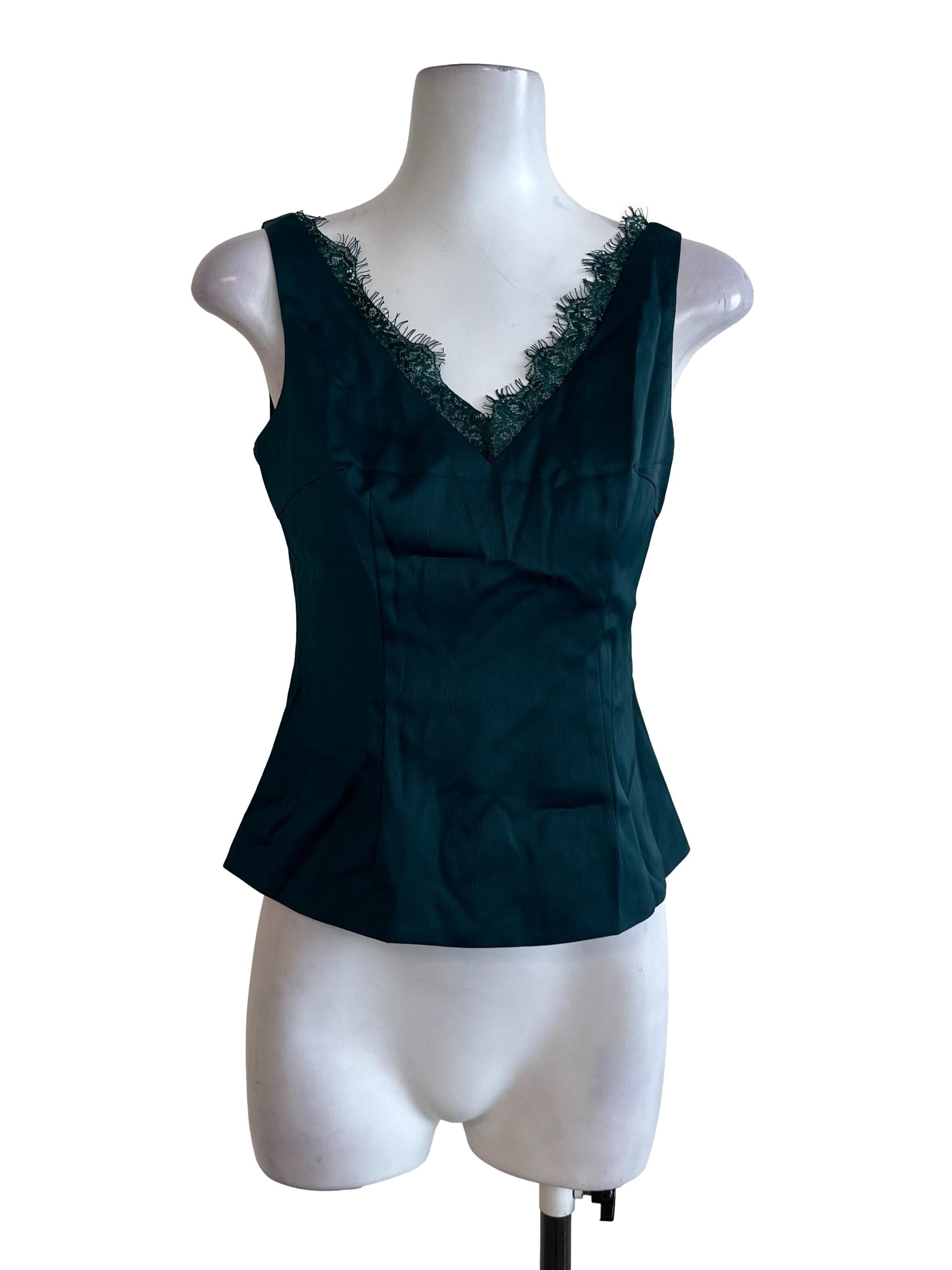 Emerald Green Satin V Neck Lace Top