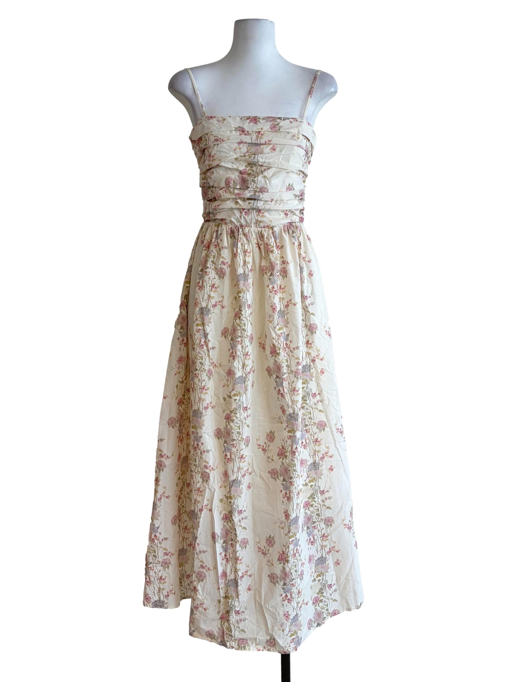 Chiffon Beige Ruched A-Line Floral Printed Sun Dress