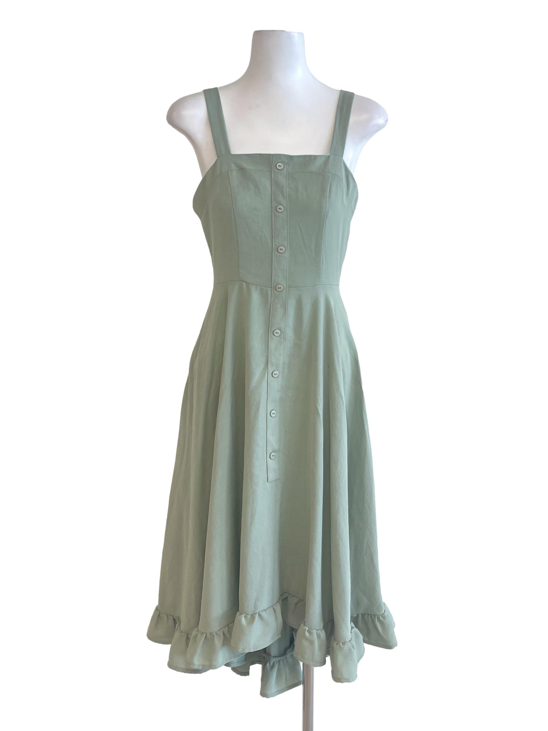 Sage Green Square Neck Flounce Dress