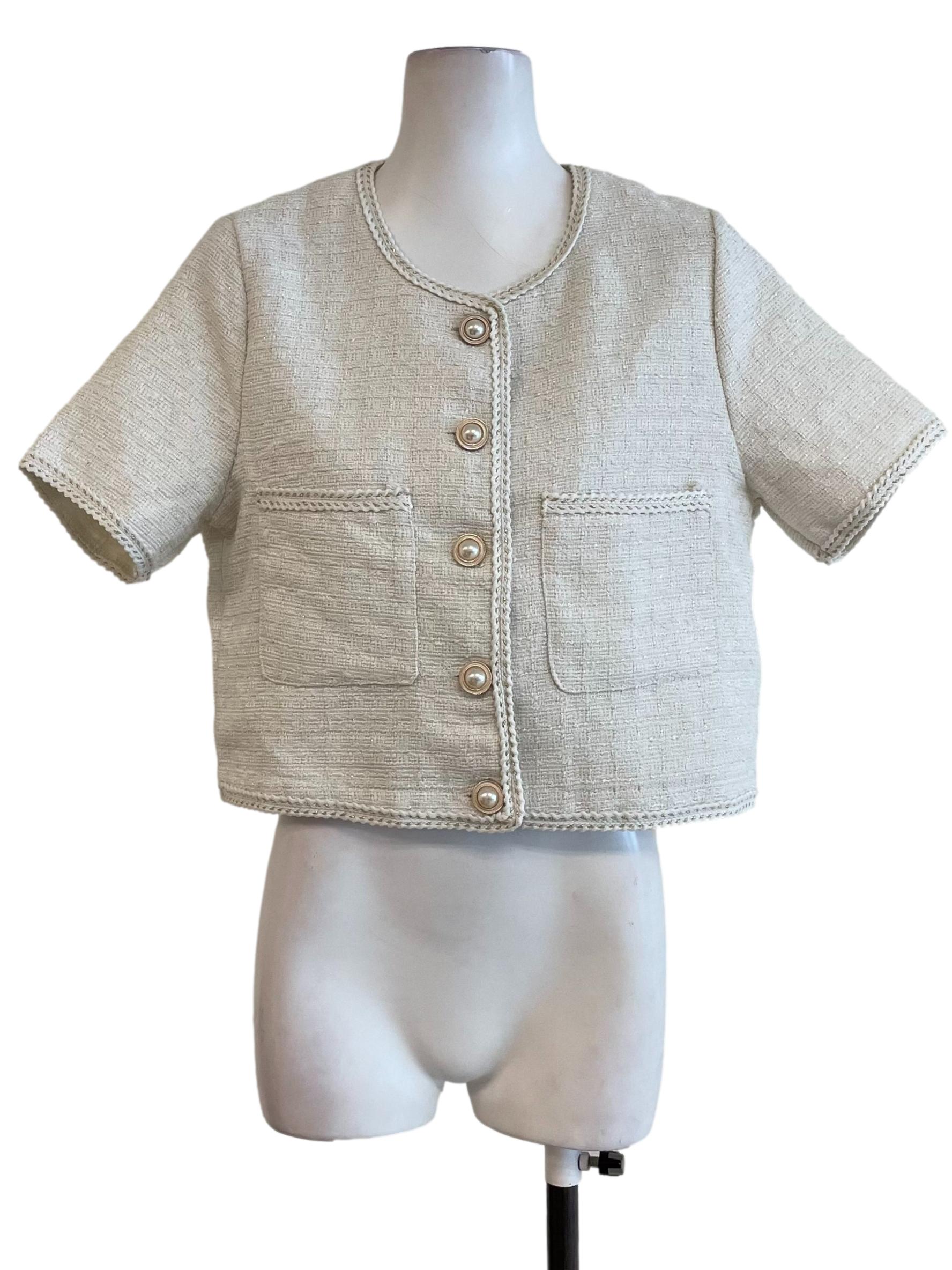 Off White Short Sleeve Tweed Top