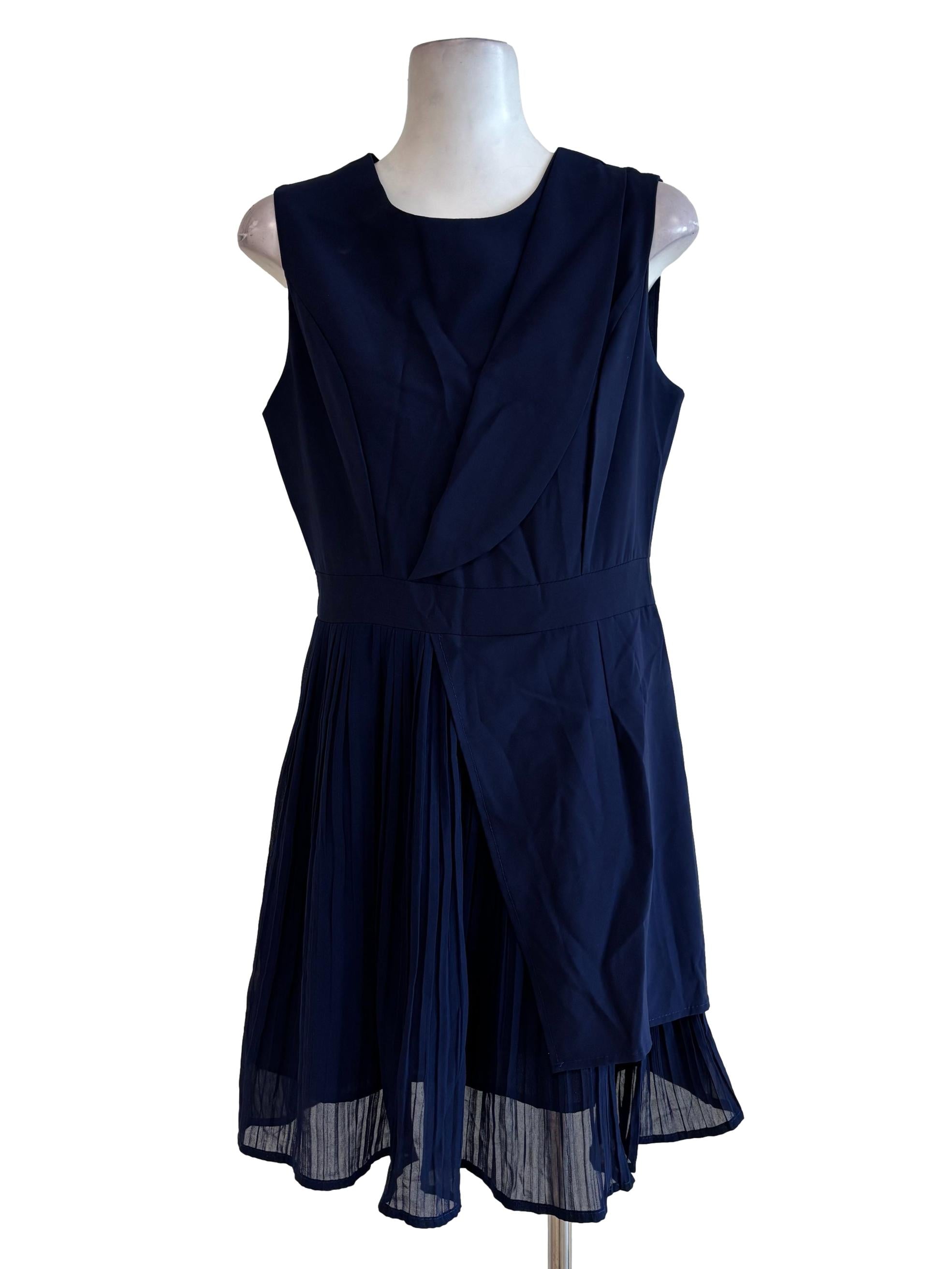 Navy Blue Sleeveless Pleated Front Dress