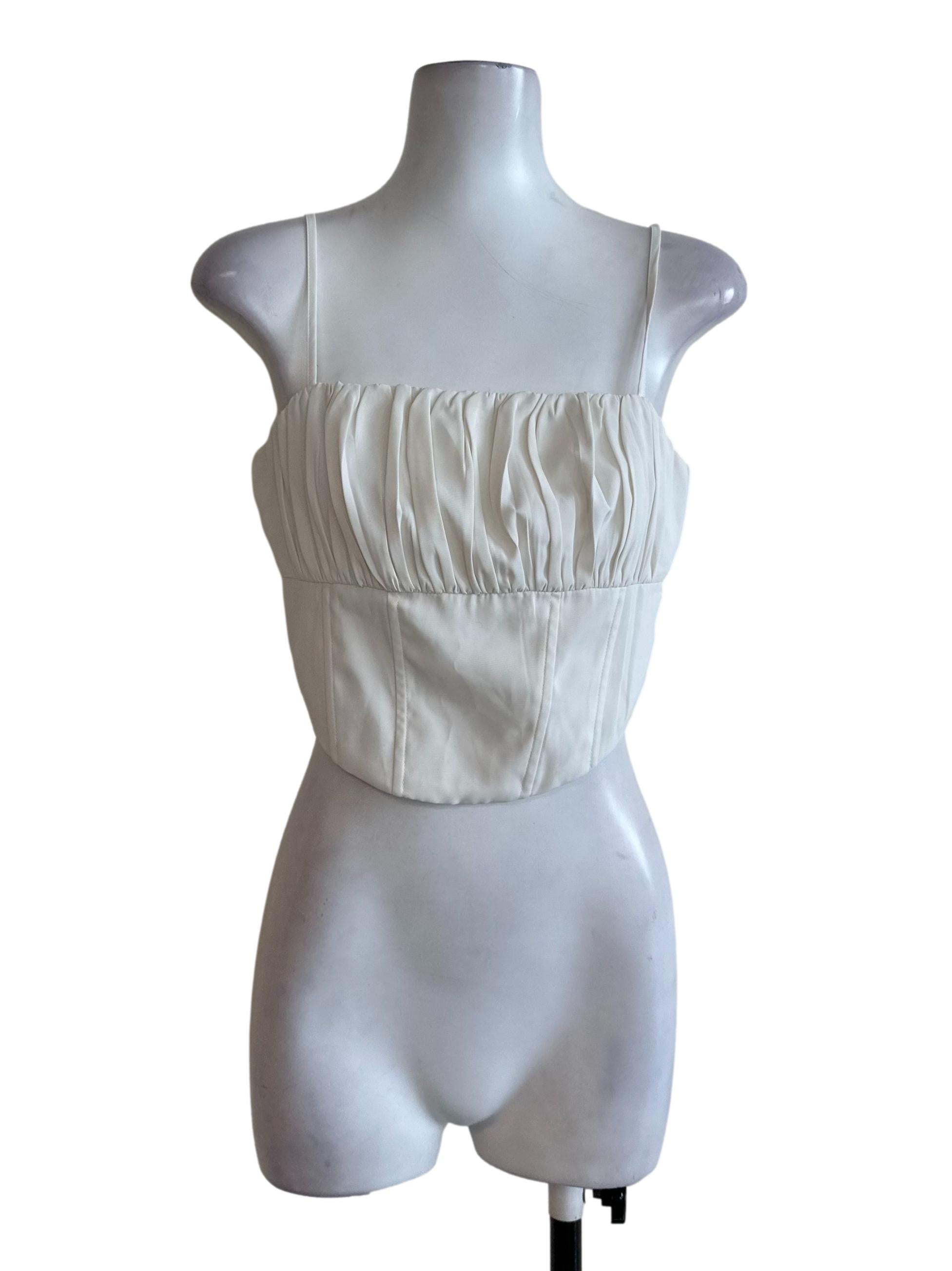 Pearl White Ruched Fitted Square Neck Top