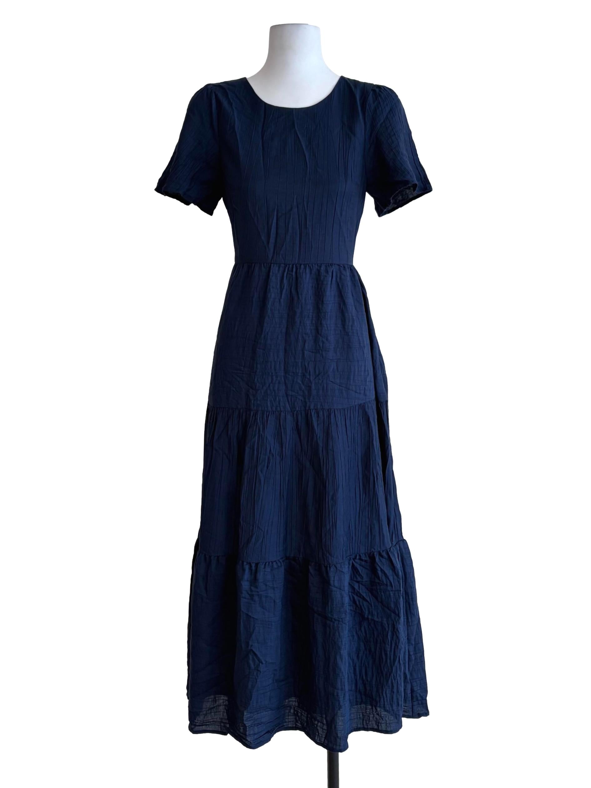 Navy Blue Textured Tiered Sun Dress
