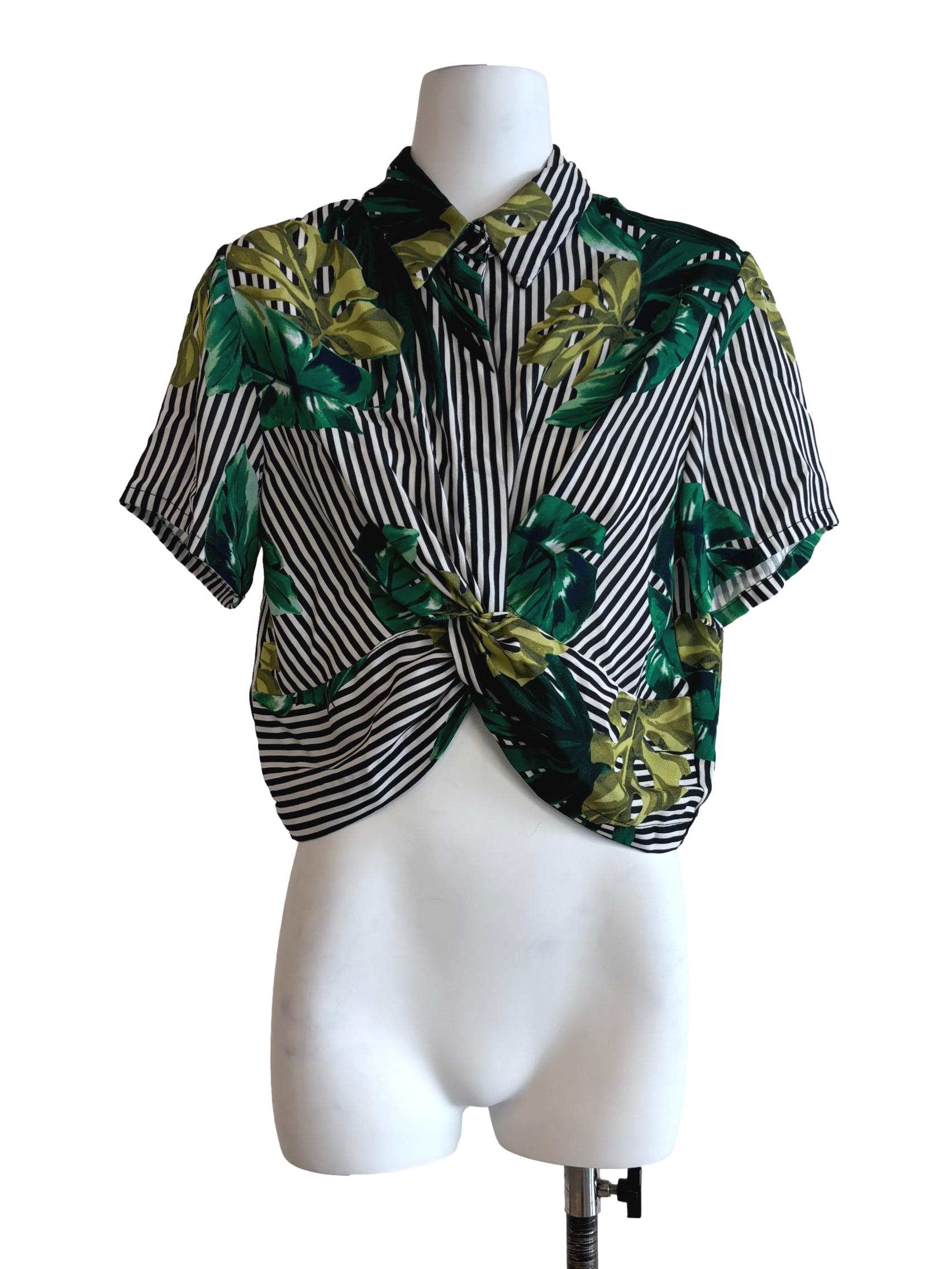 Black And White Stripe Leaf Print Crop Top