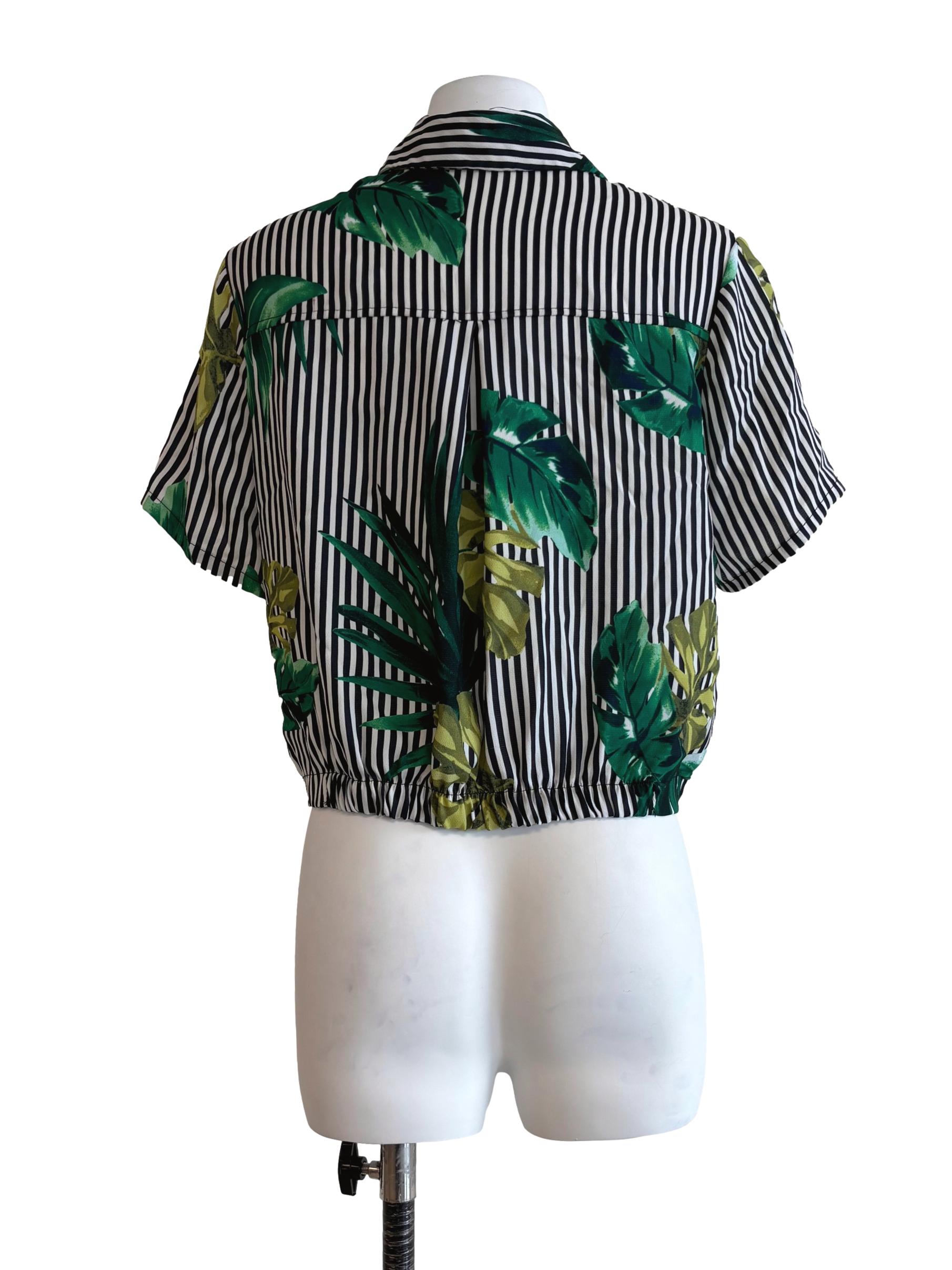 Black And White Stripe Leaf Print Crop Top