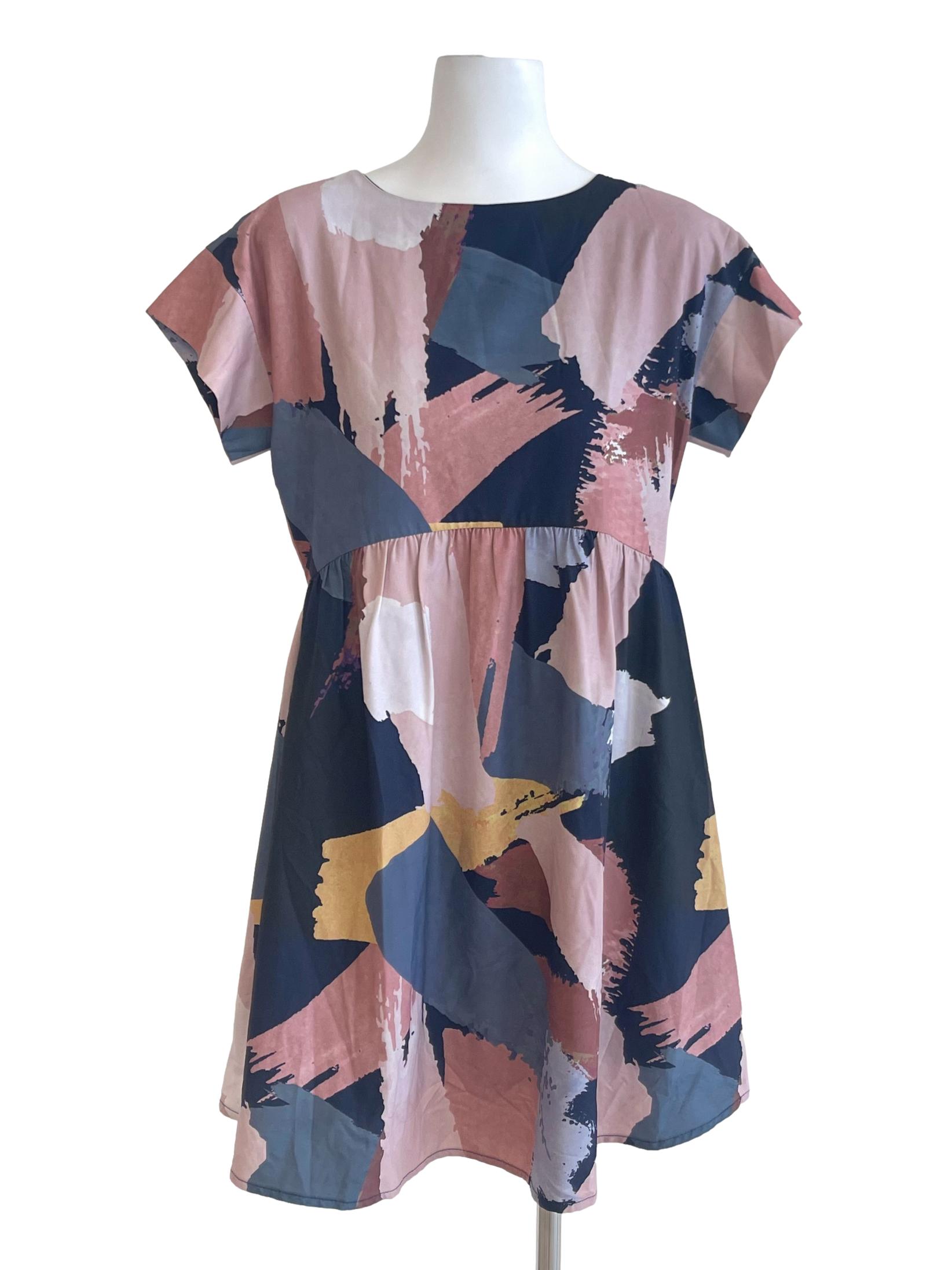 Abstract Block Color Print Short Sleeve Dress