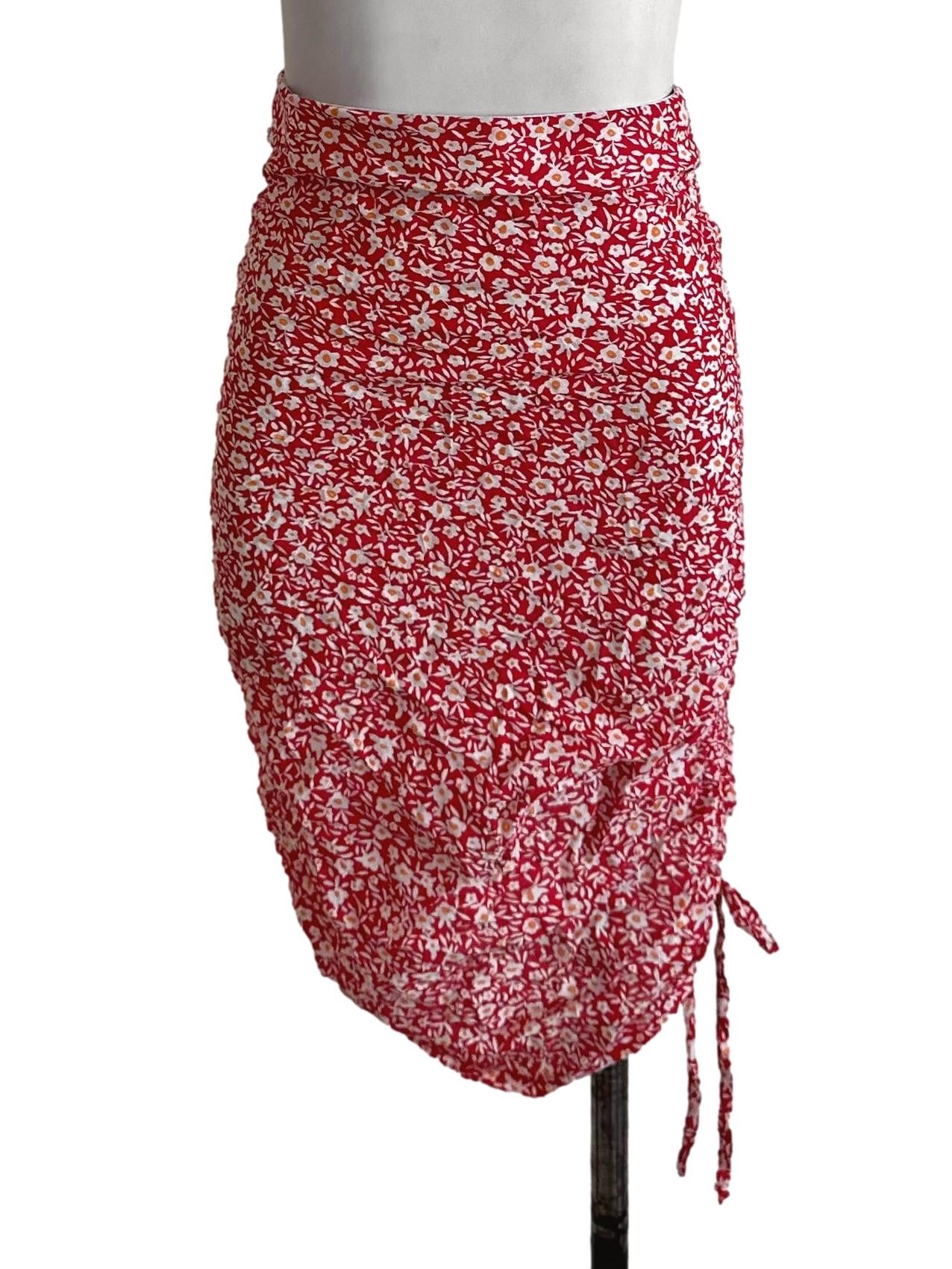Ruby Red Floral Pattern Drape Skirt