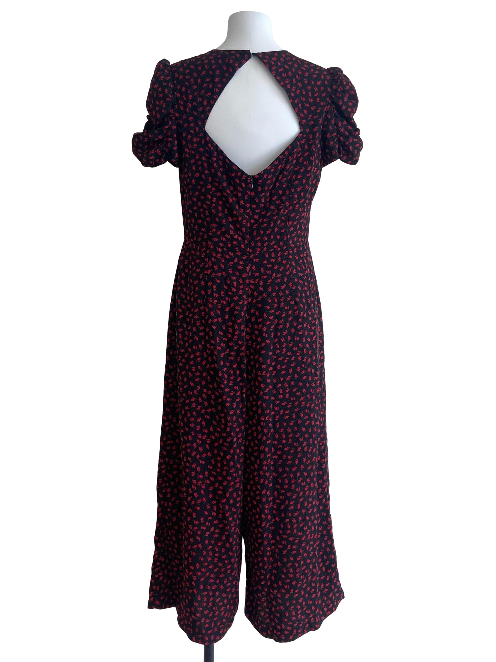 Black & Red Floral Jewel Neck Jumpsuit