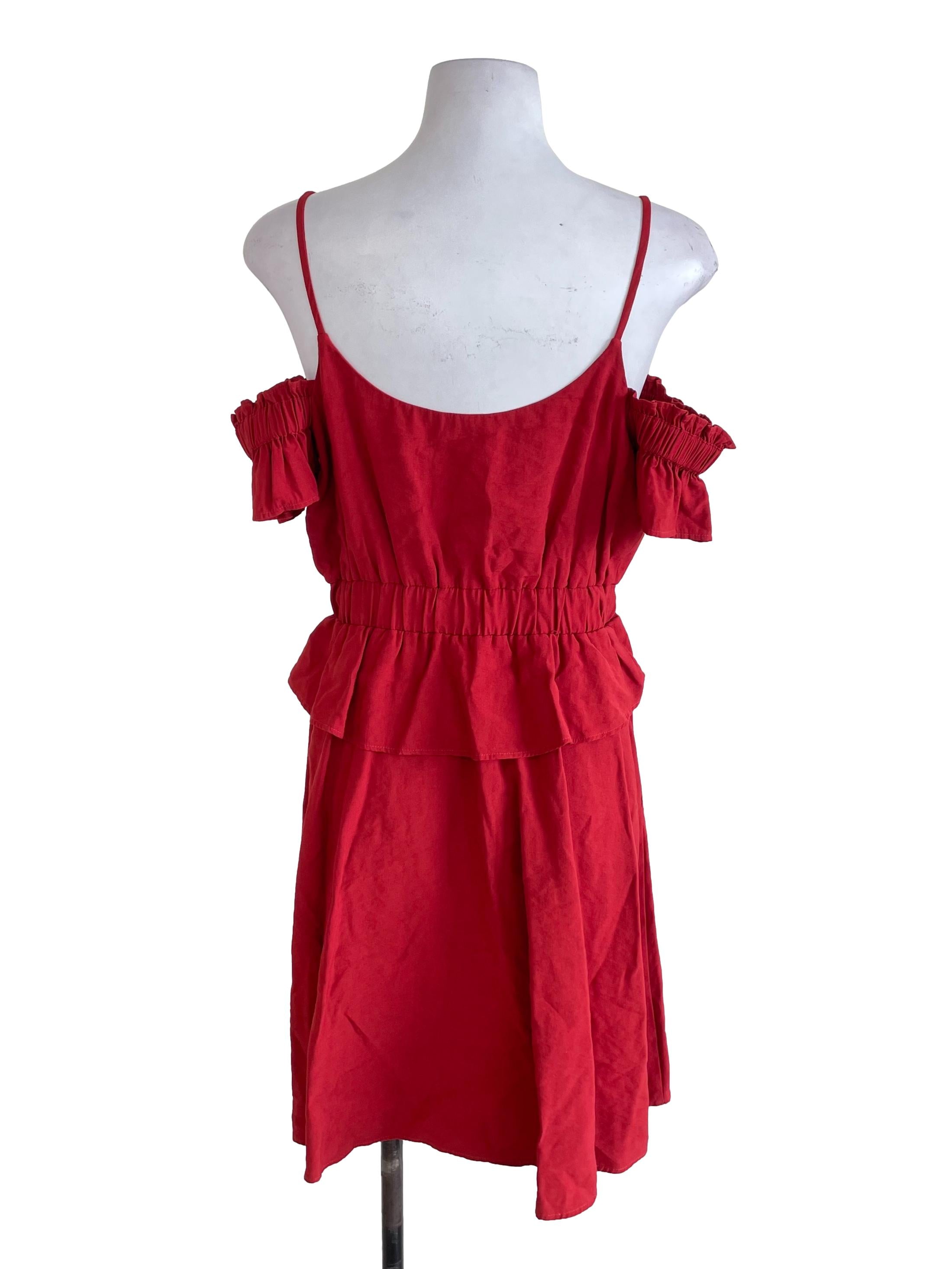 Brick Red Ruffled Off-Shoulder Dress LB