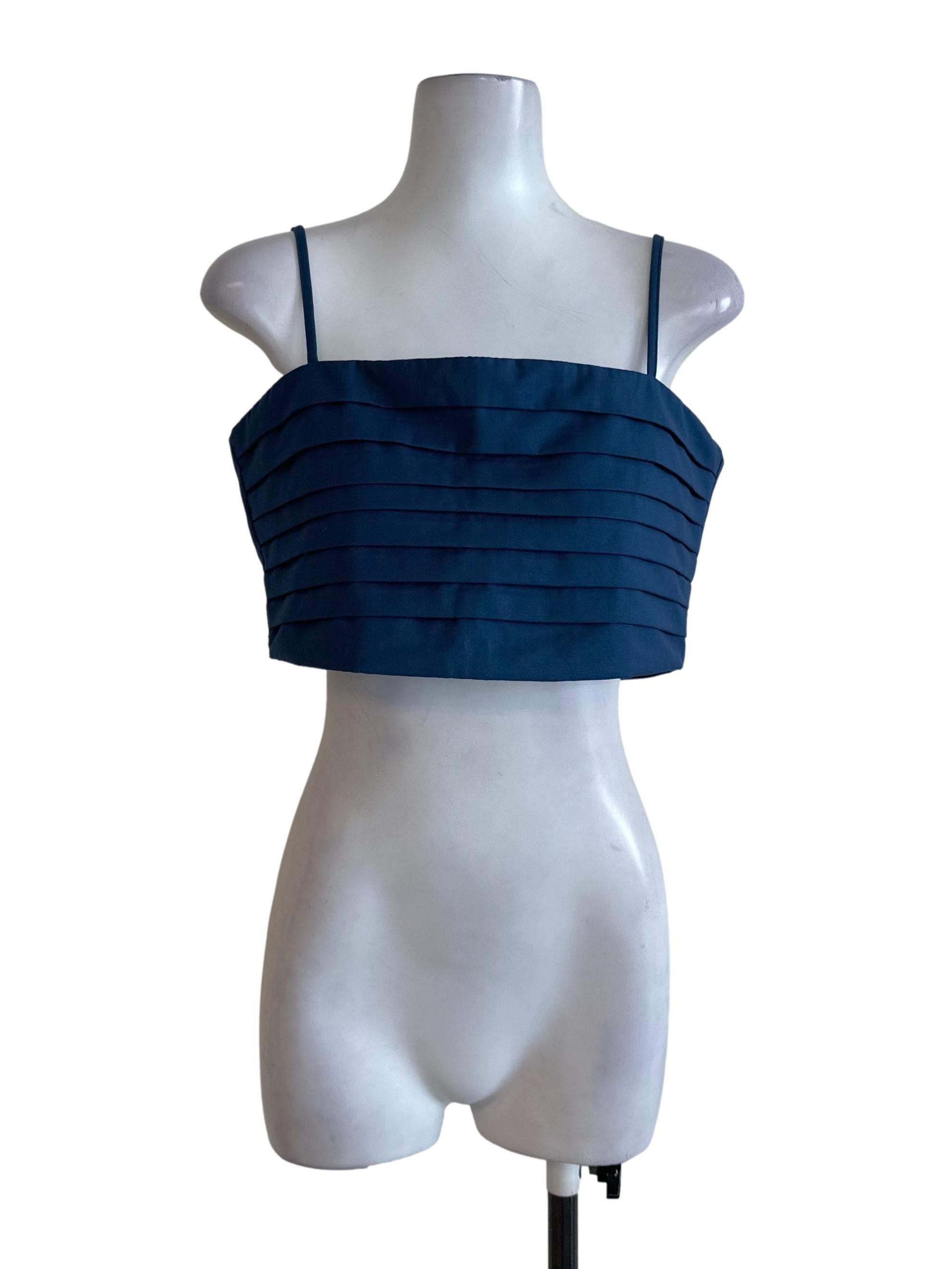 Navy Blue Pleated Square Neck Top