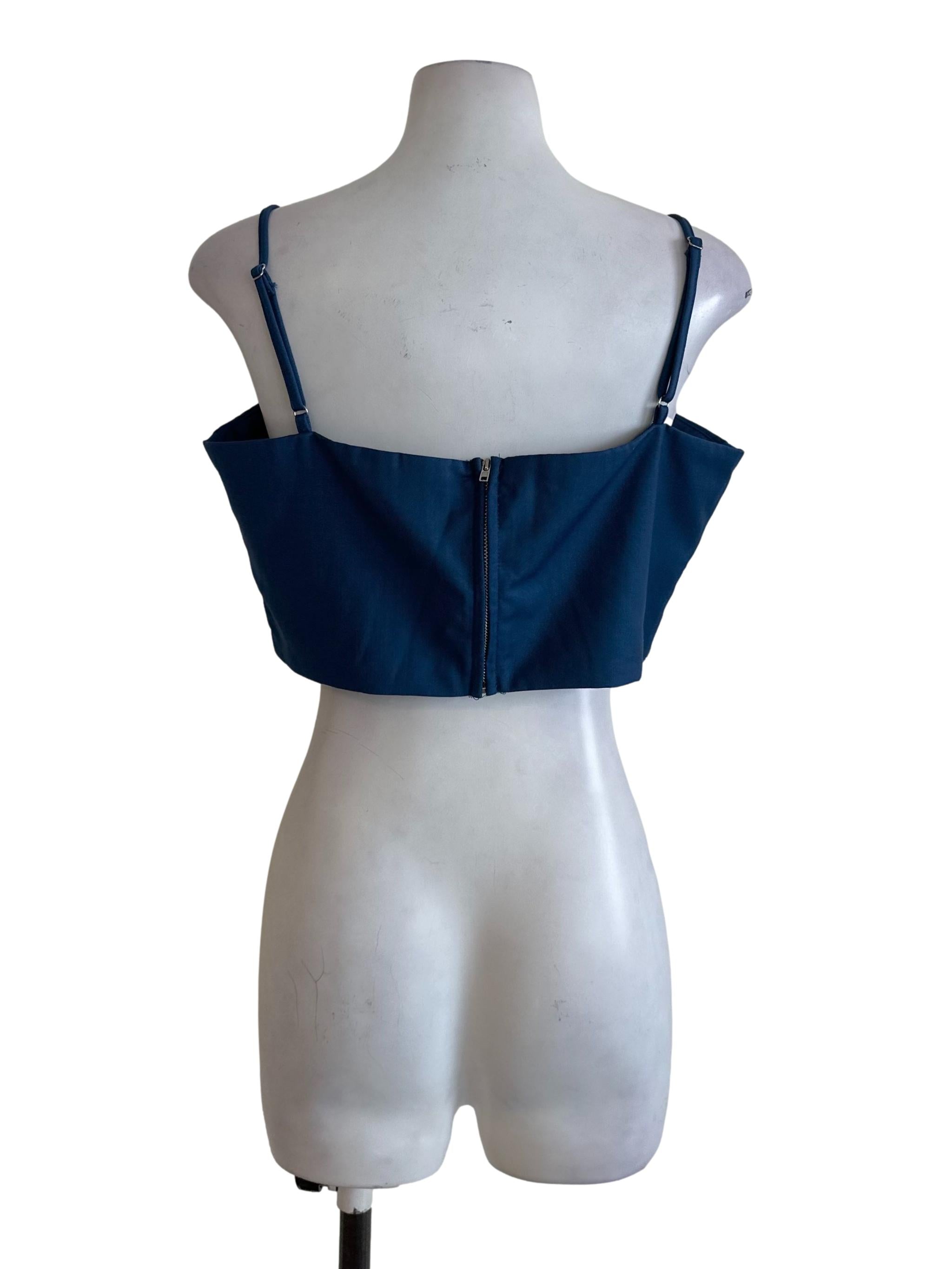 Navy Blue Pleated Square Neck Top