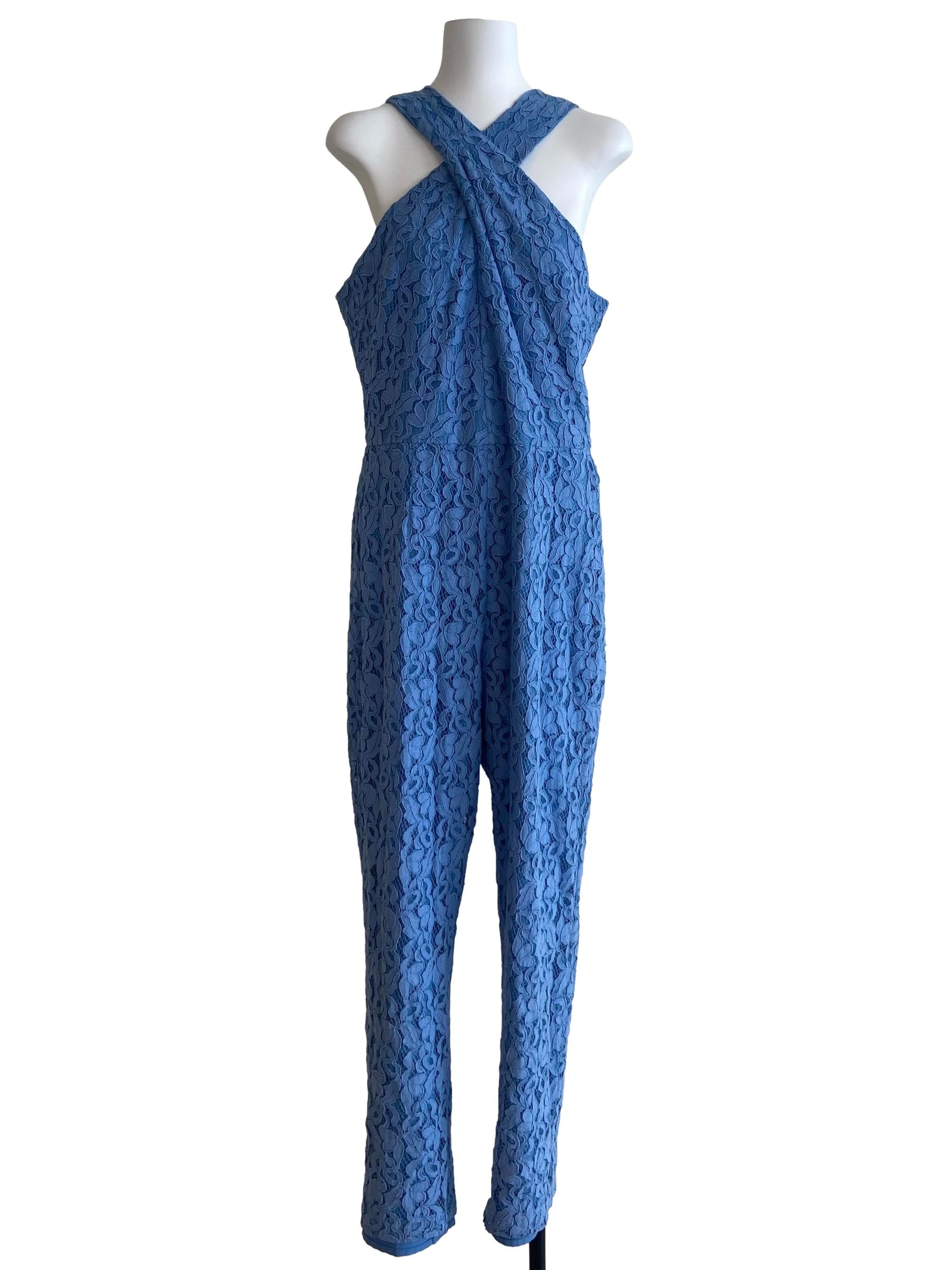 Sky Blue Floral Lace Halter Neck Jumpsuit