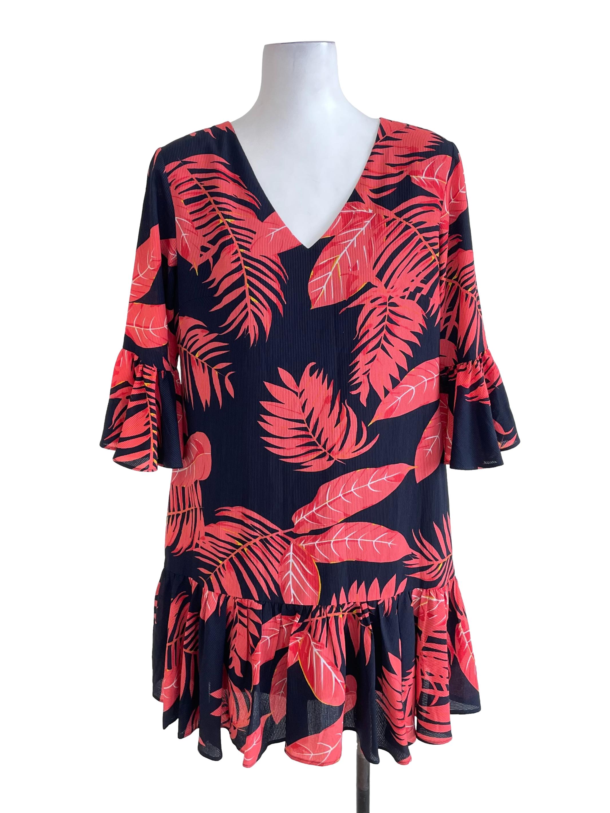 Black Plant Print Ruffled Loose Dress LB