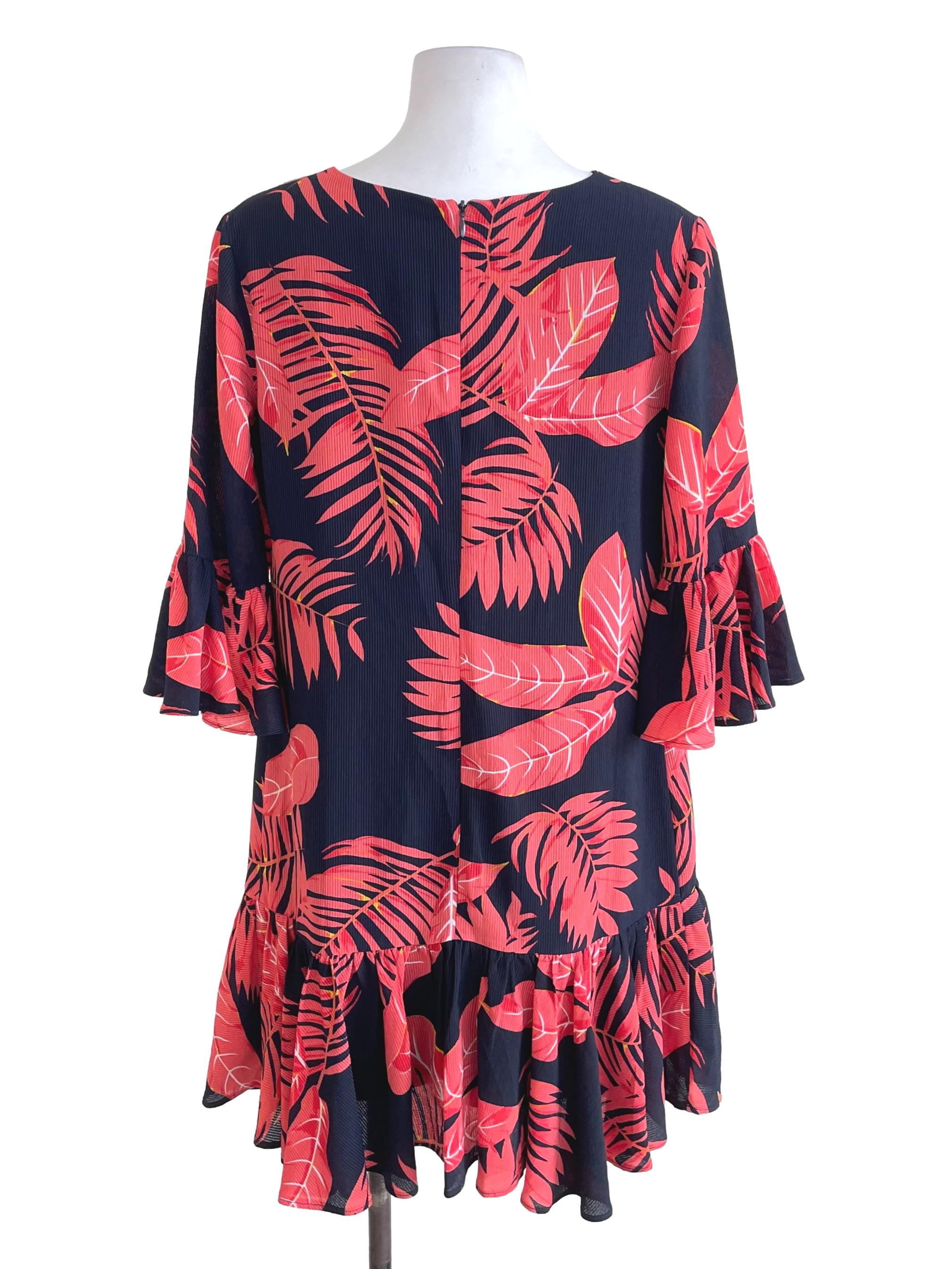 Black Plant Print Ruffled Loose Dress LB