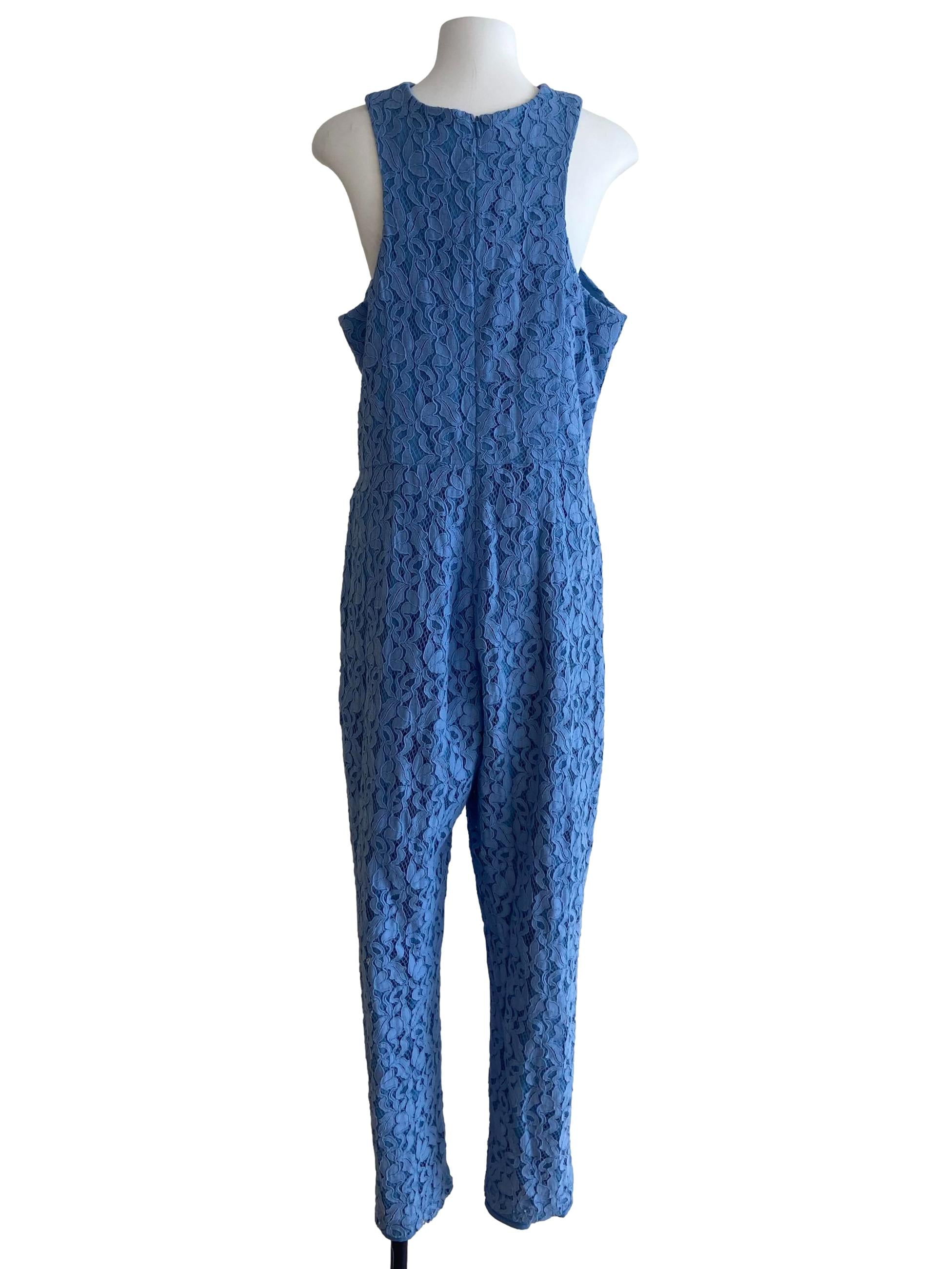 Sky Blue Floral Lace Halter Neck Jumpsuit