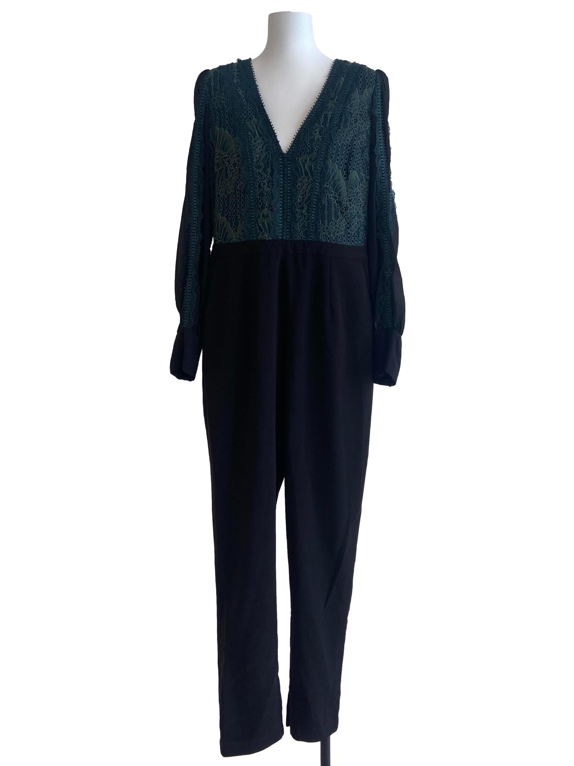 Black V Neck & Green Lace Jumpsuit
