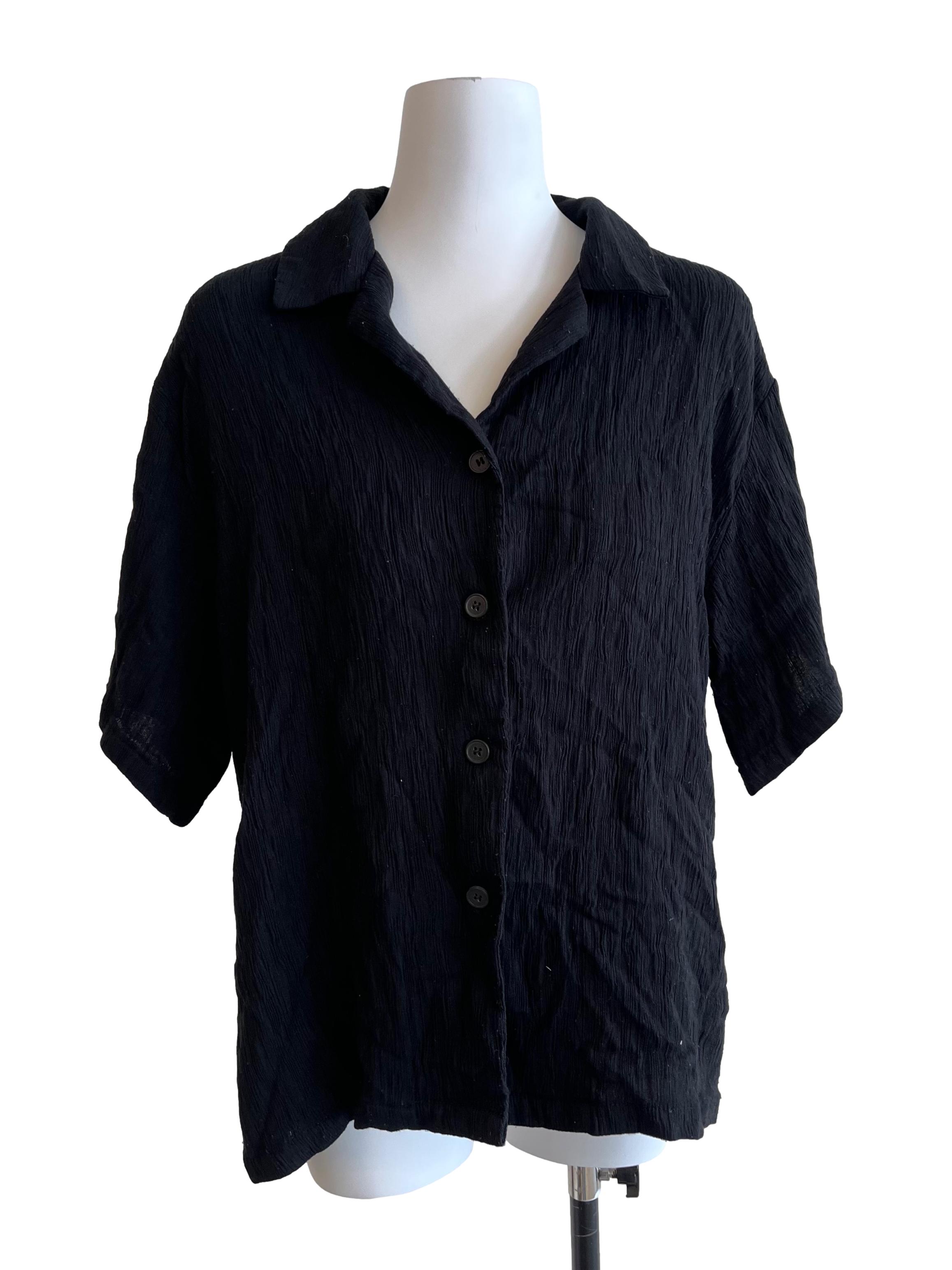 Black Textured Open Collar Top