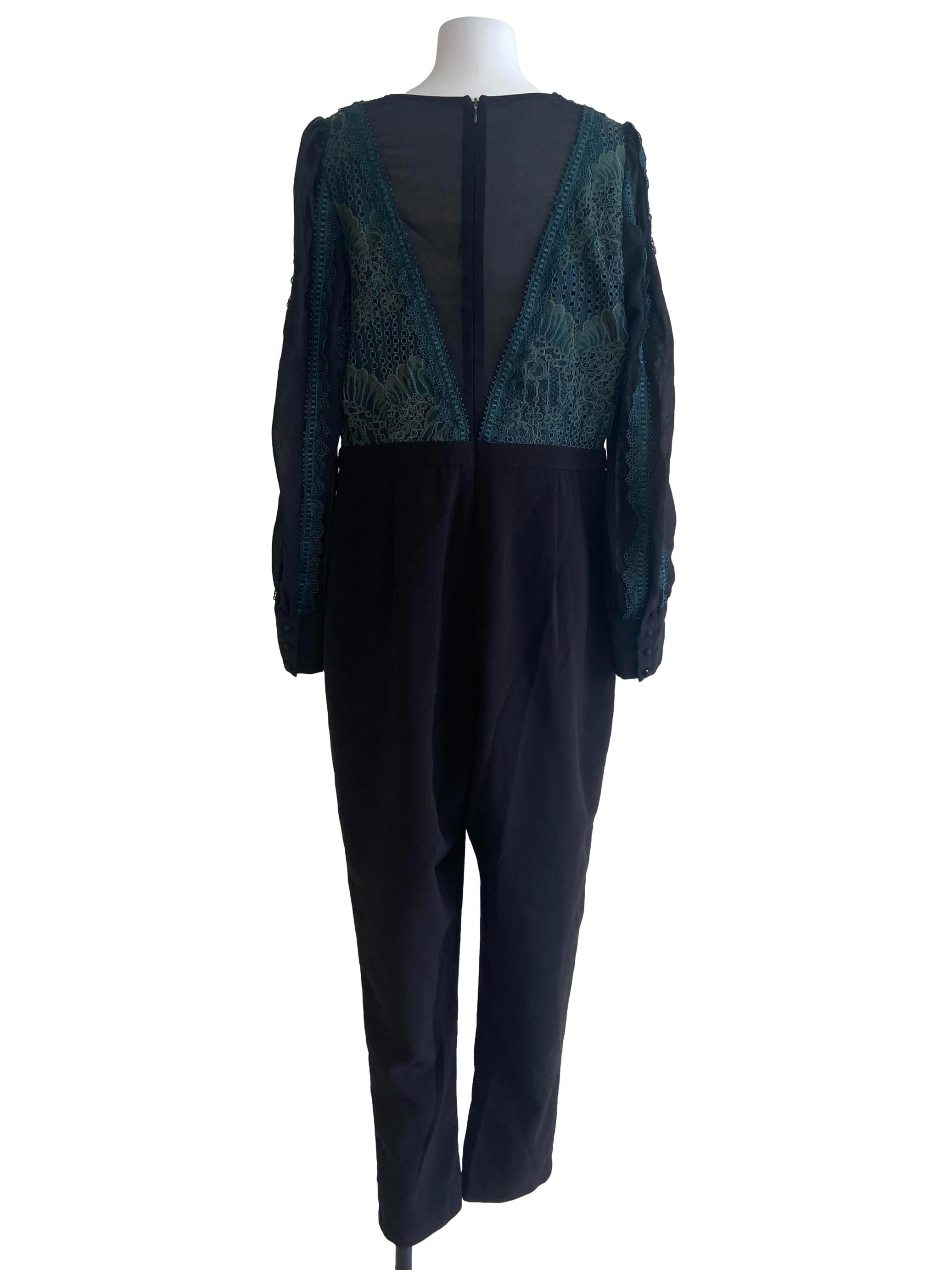 Black V Neck & Green Lace Jumpsuit
