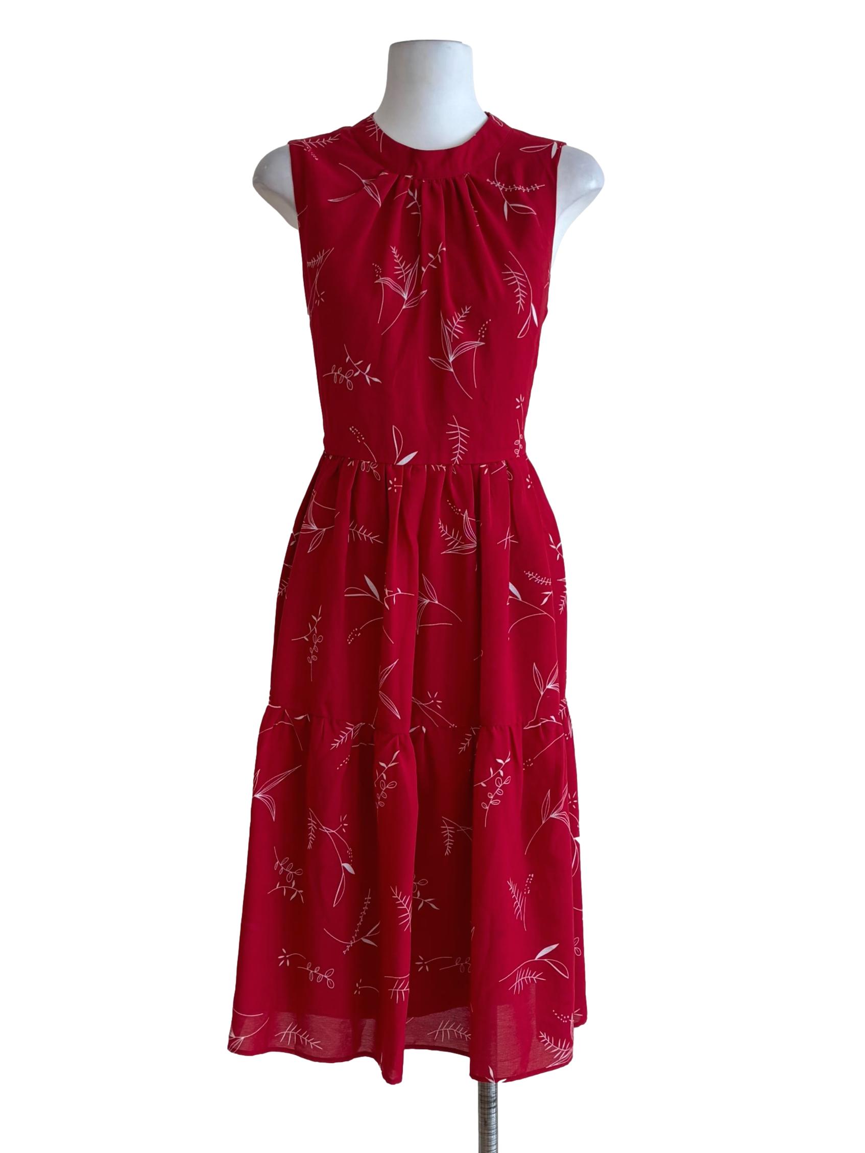 Candy Red Floral Pattern High Neck Sleeveless Dress