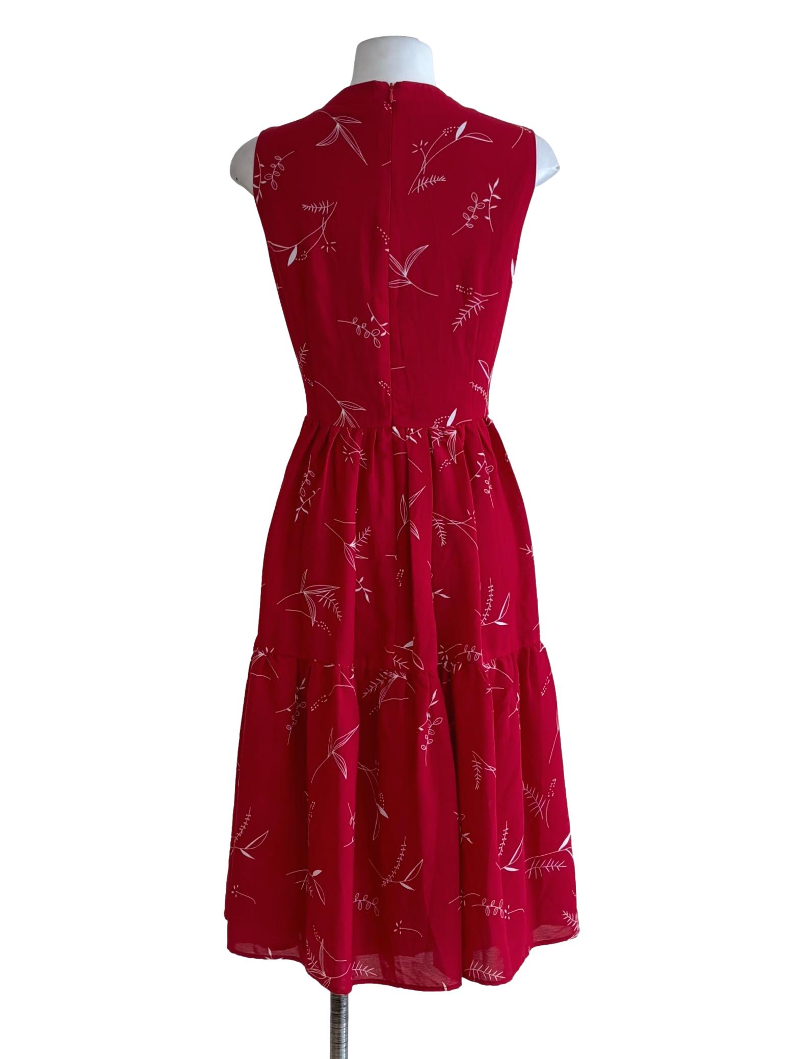 Candy Red Floral Pattern High Neck Sleeveless Dress