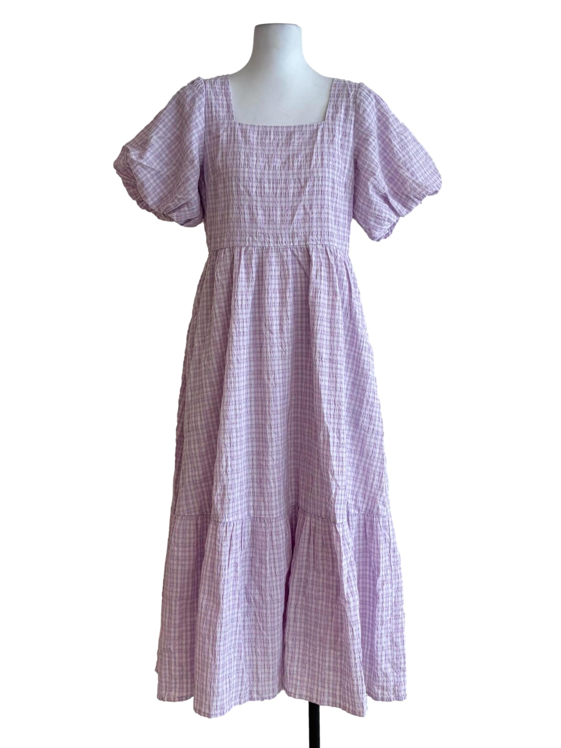 Periwinkle Purple Puff Sleeve A-Line Plaid Sun Dress