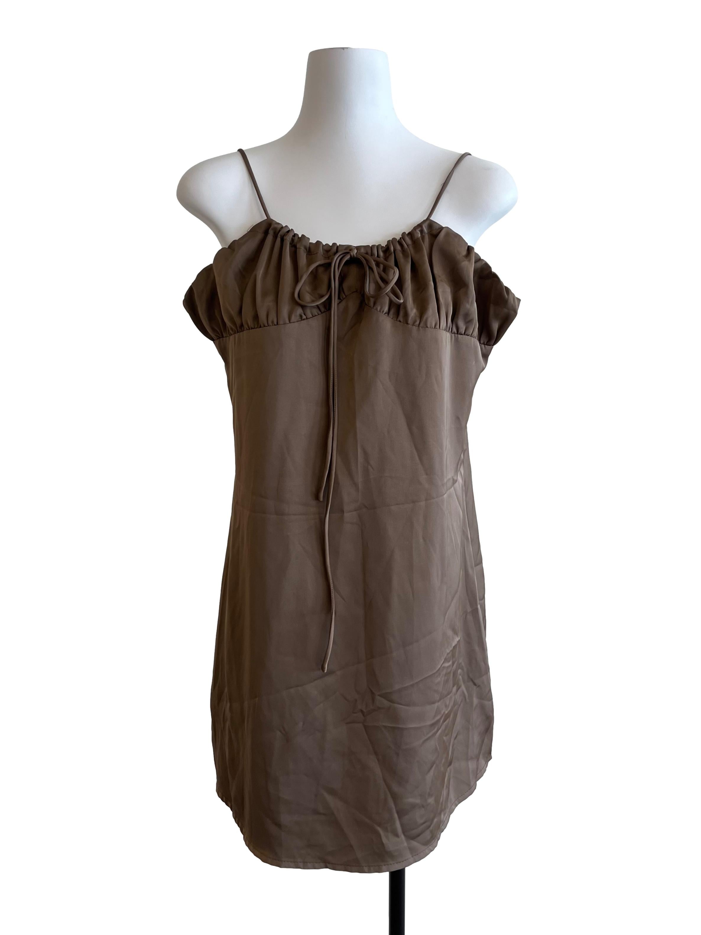 Toffee Brown Ruched Neckline Dress