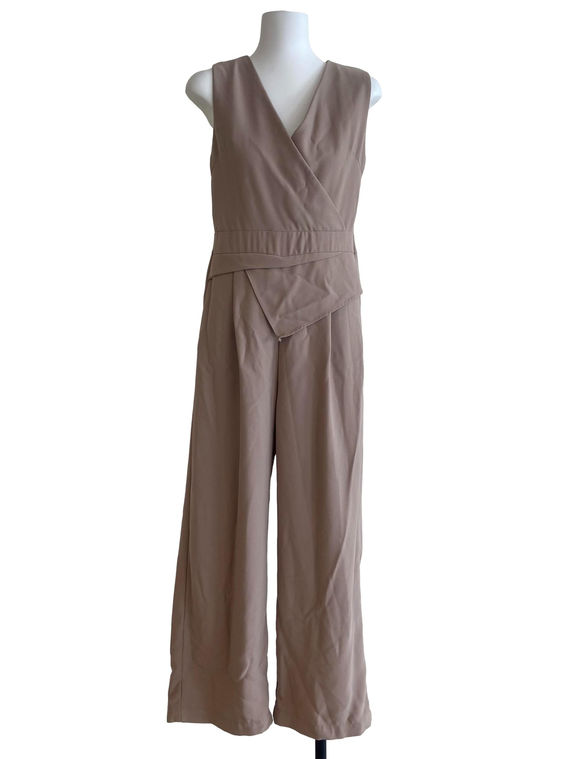 Bone Beige Sleeveless Twill Long Jumpsuit
