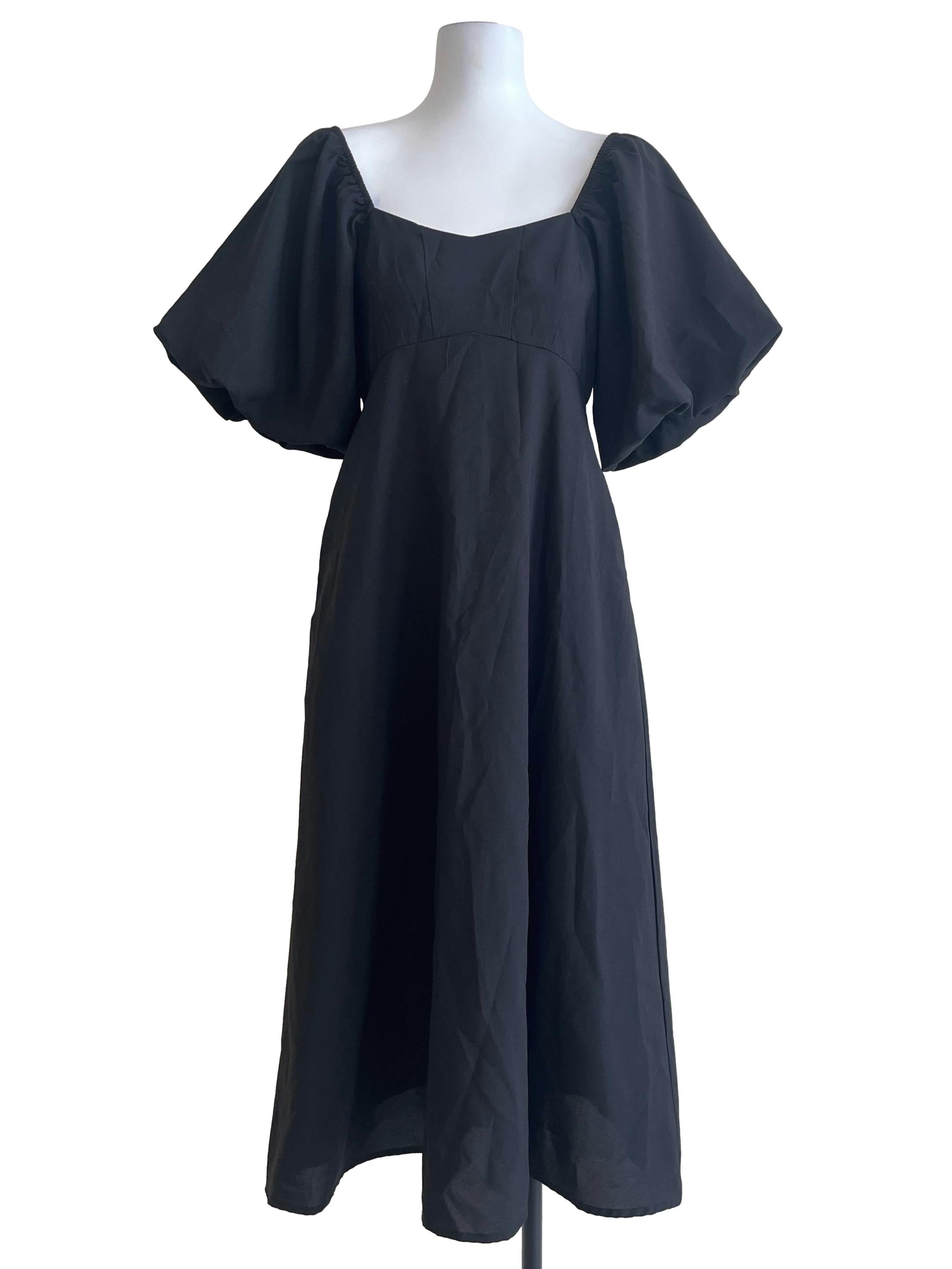 Jet Black Puff Sleeve A-Line Dress