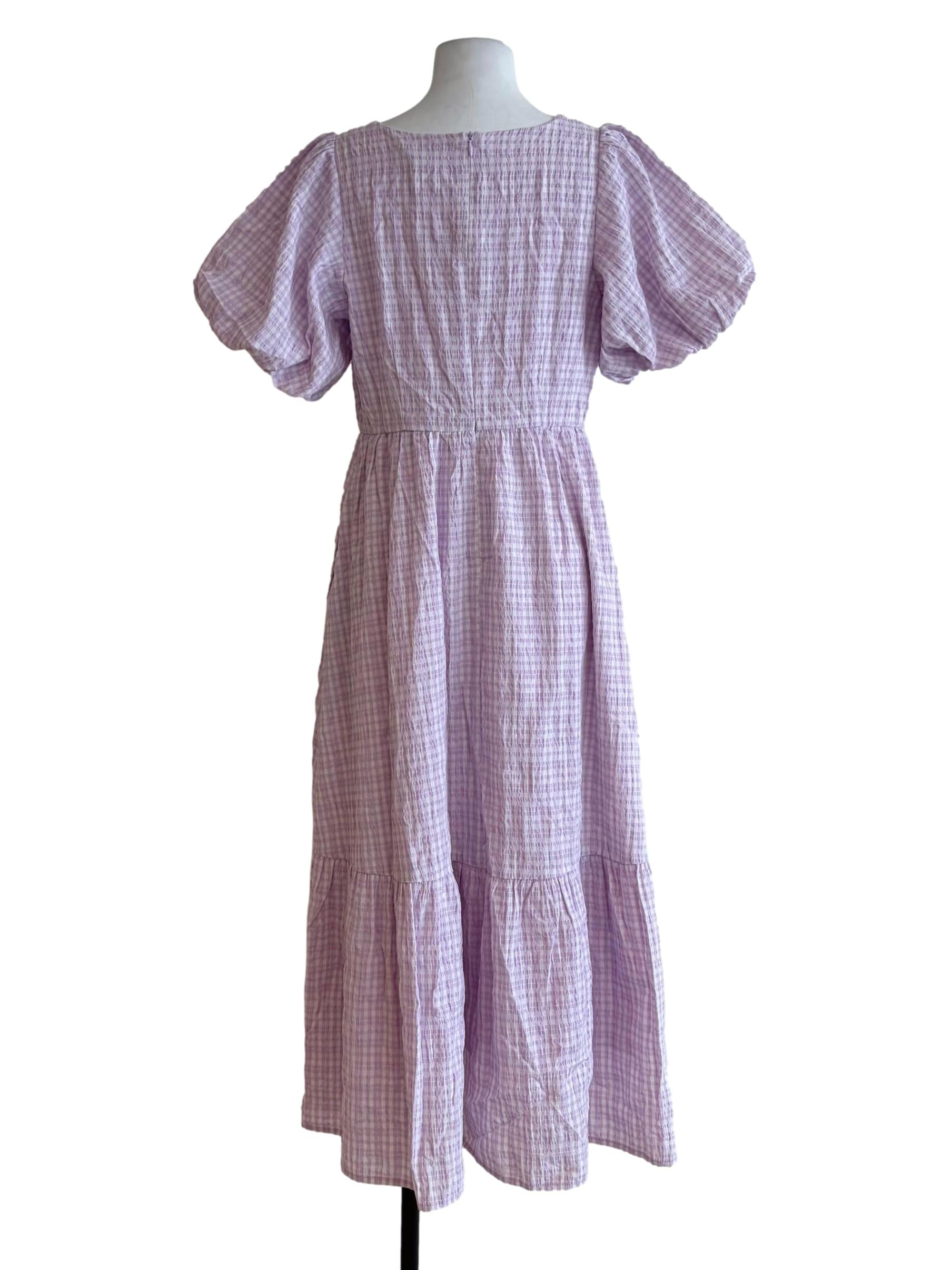 Periwinkle Purple Puff Sleeve A-Line Plaid Sun Dress