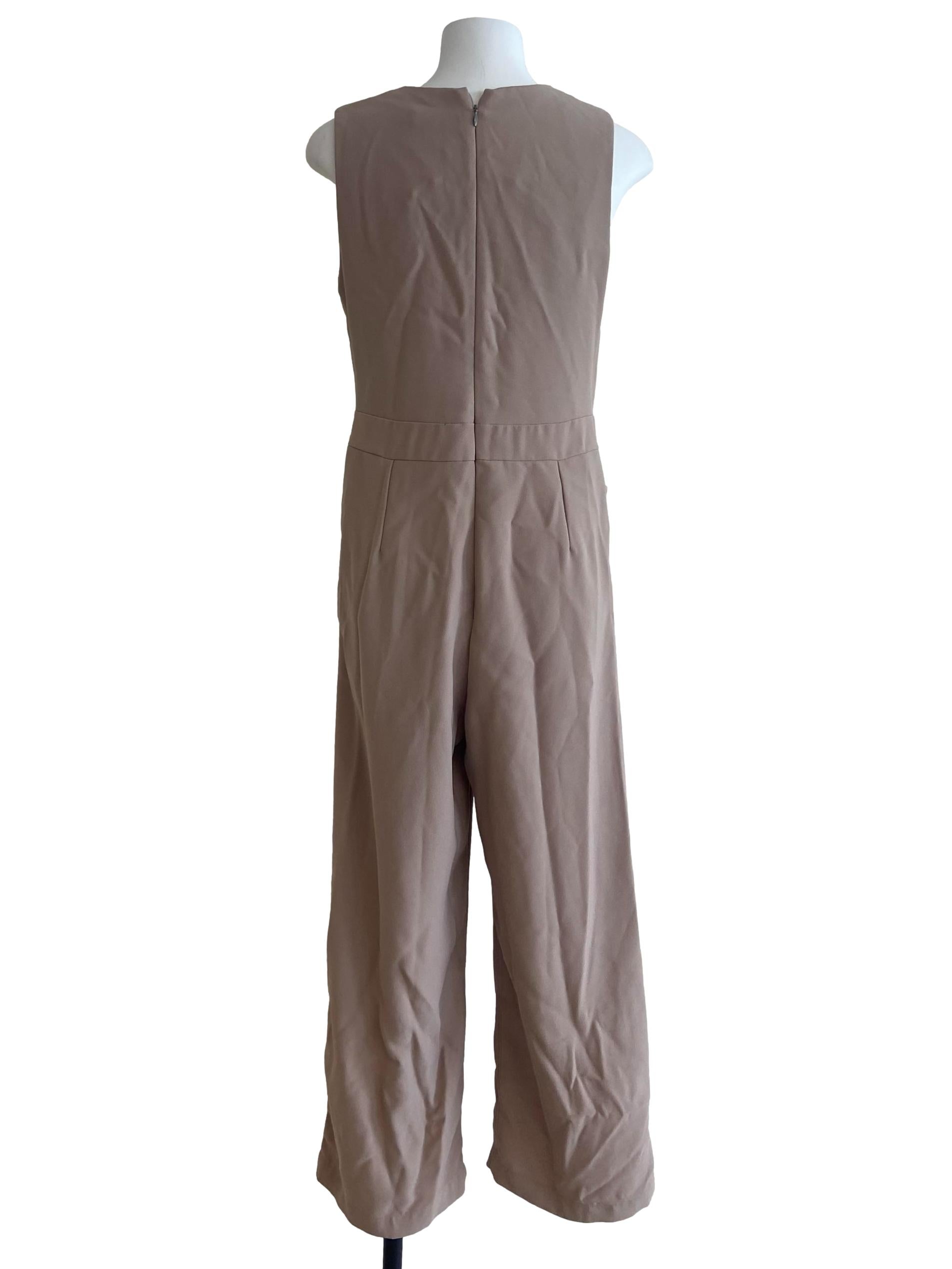Bone Beige Sleeveless Twill Long Jumpsuit