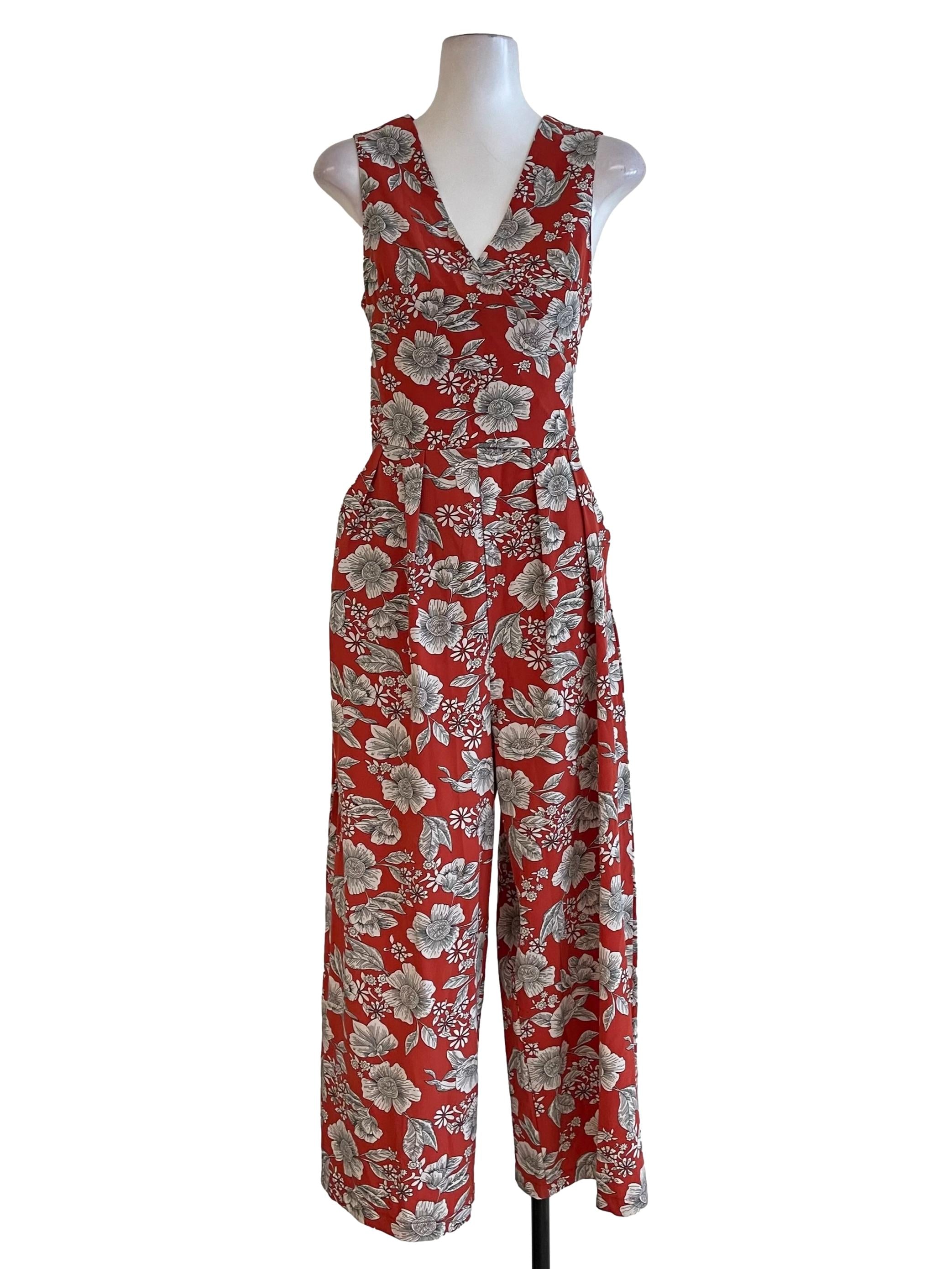 Fire Red Floral V Neck Jumpsuit