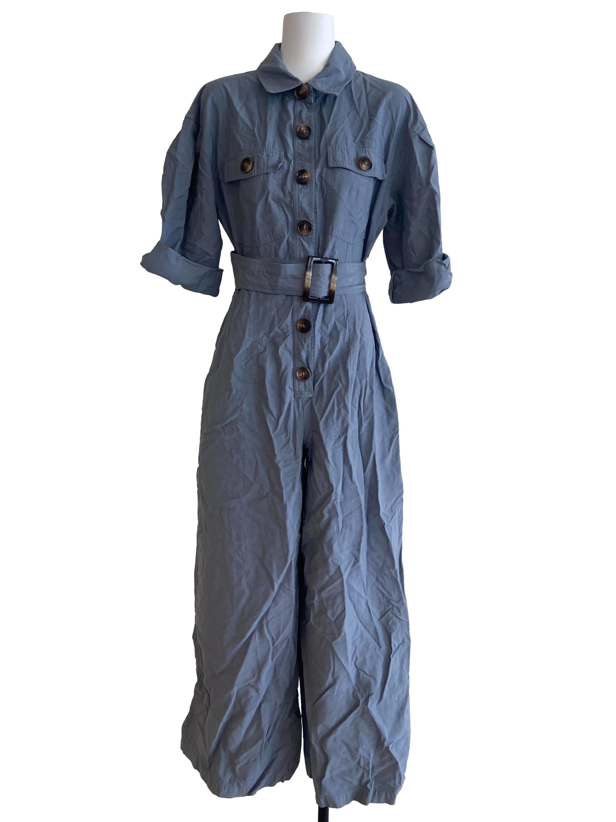 Stone Blue Half Button Twill Jumpsuit