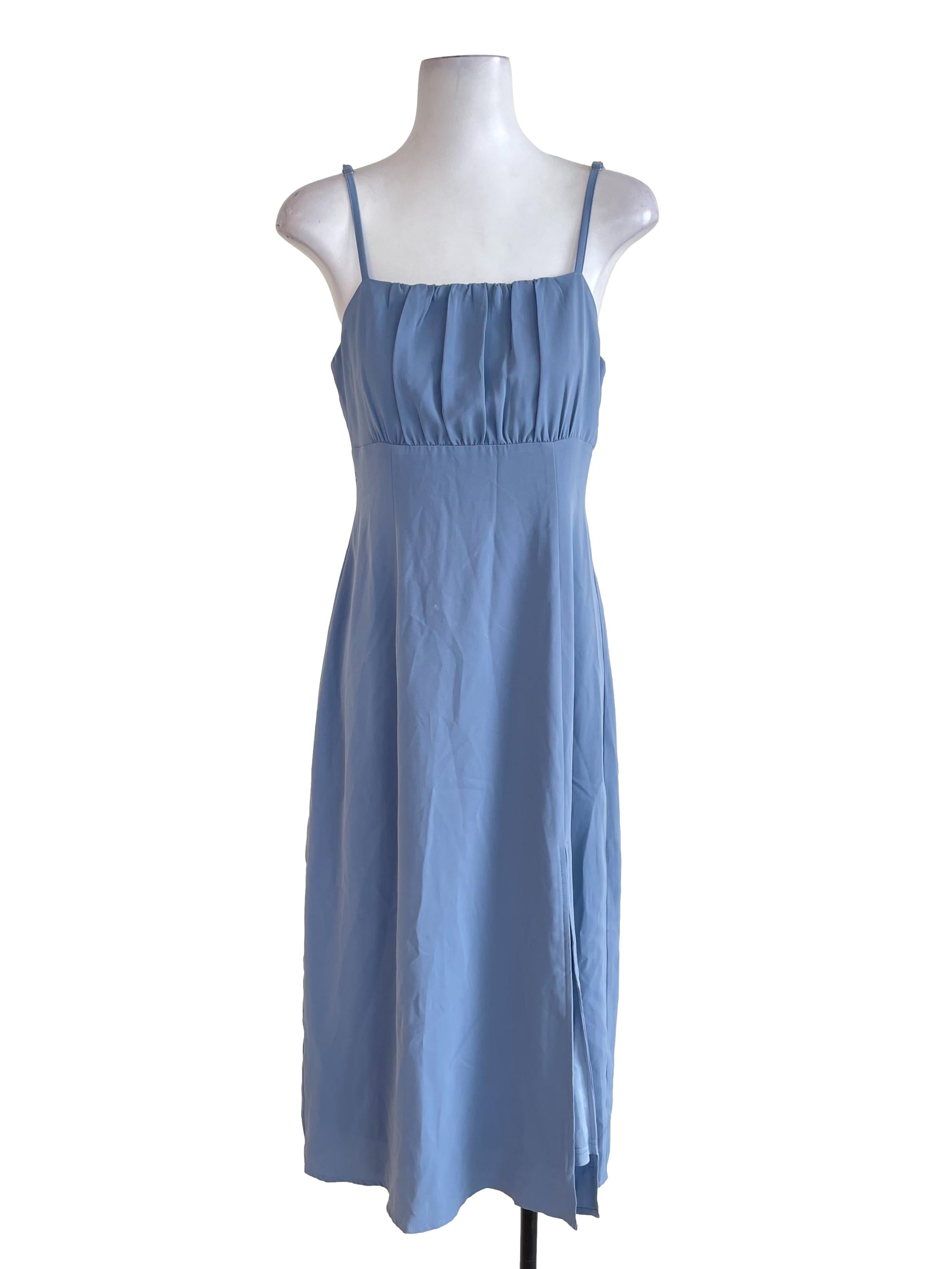 Stone Blue Ruched Front Slit Dress